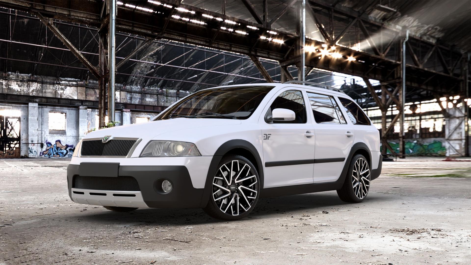 OXIGIN 28 Oxmove black full polish Felge mit Reifen schwarz in 19Zoll Winterfelge Alufelge auf weissem Skoda Octavia II Scout Typ 1Z ⬇️ mit 15mm Tieferlegung ⬇️ Old Industrial Hall_max_5300mm_2024 Frontansicht_1