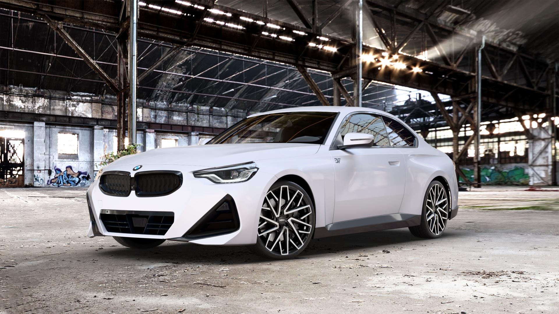 OXIGIN 28 Oxmove black full polish Felge mit Reifen schwarz in 20Zoll Winterfelge Alufelge auf weissem BMW 2er G42 Coupé (G2C) ⬇️ mit 15mm Tieferlegung ⬇️ Old Industrial Hall_max_5300mm_2024 Frontansicht_1
