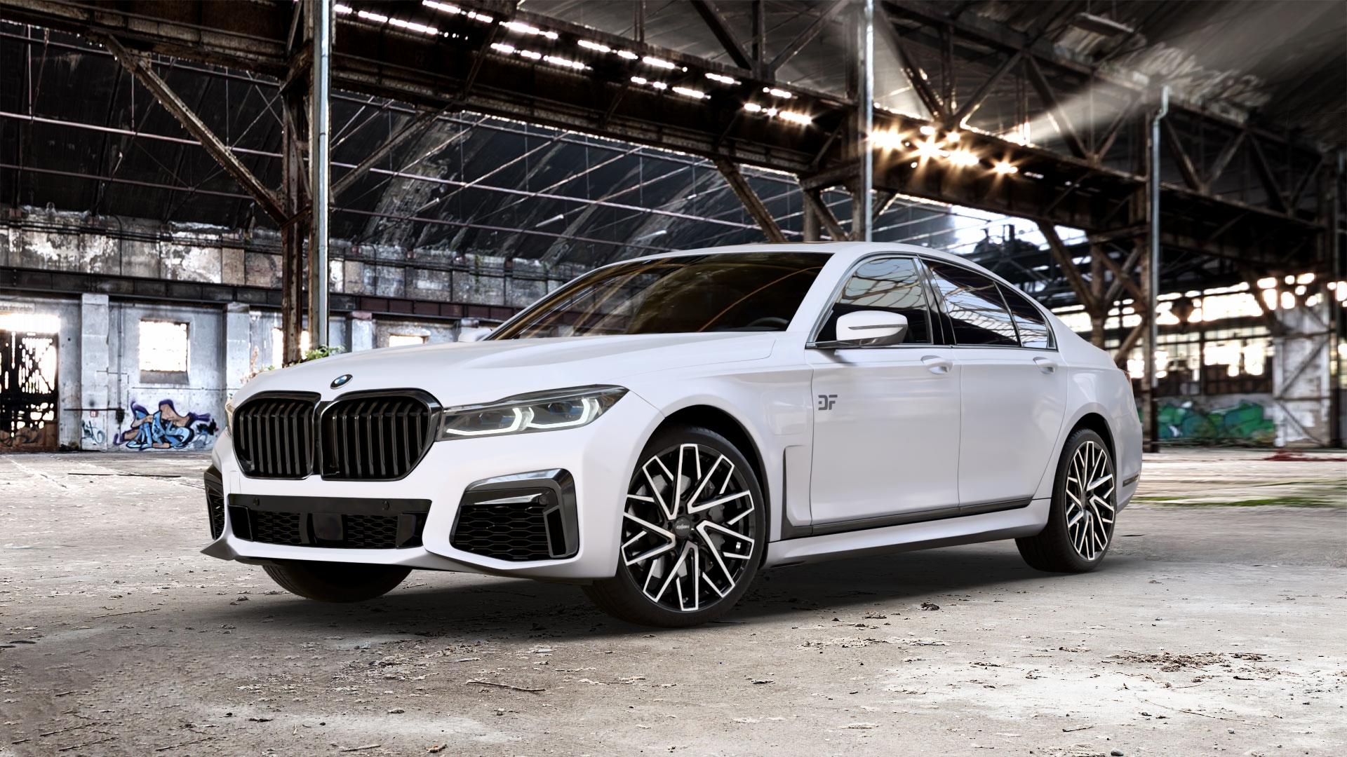 OXIGIN 28 Oxmove black full polish Felge mit Reifen schwarz in 20Zoll Winterfelge Alufelge auf weissem BMW 730i Typ G11 Facelift 740i 745e 750i xDrive 7er Limousine (7L) ⬇️ mit 15mm Tieferlegung ⬇️ Old Industrial Hall_max_5300mm_2024 Frontansicht_1