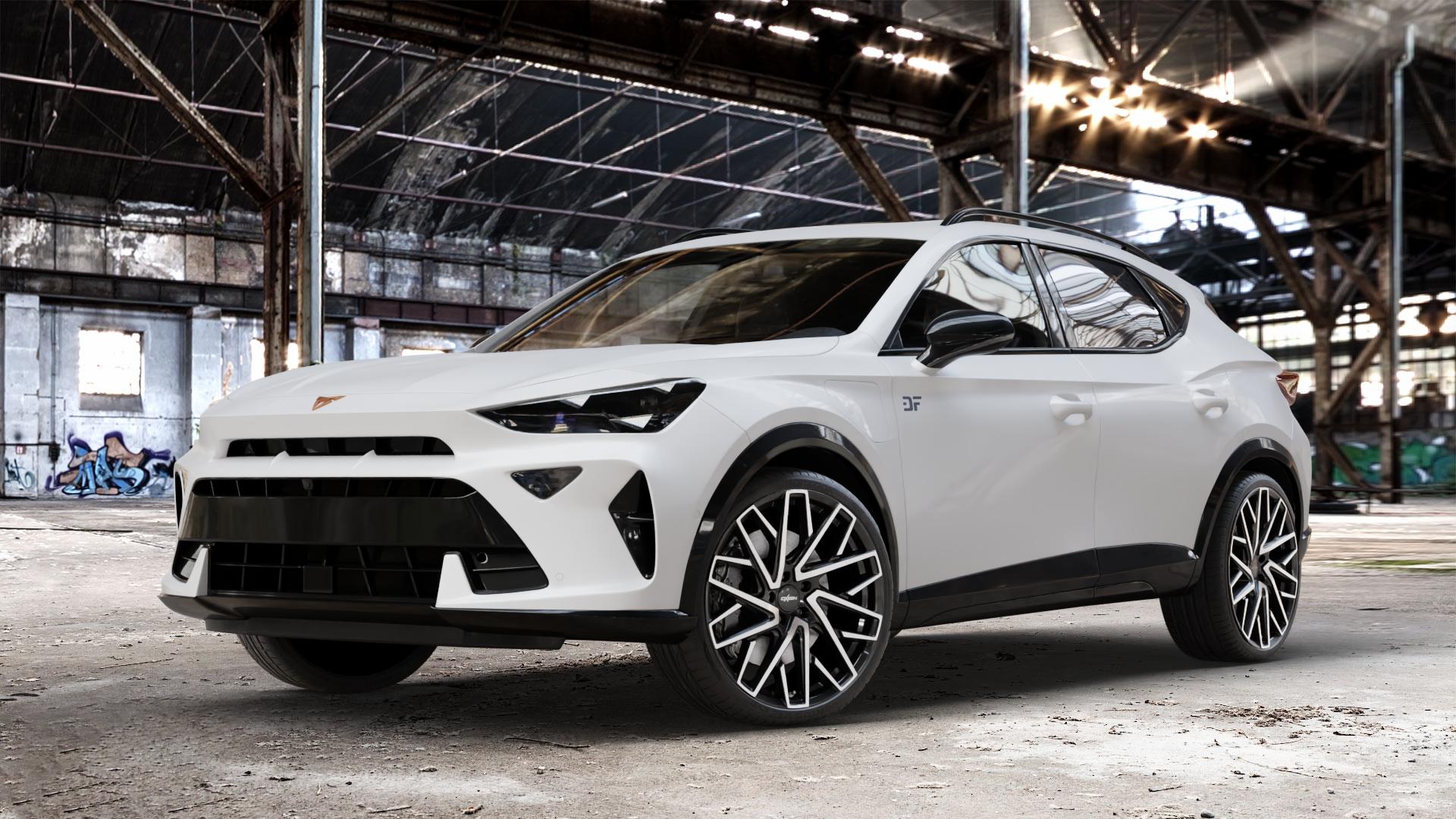OXIGIN 28 Oxmove black full polish Felge mit Reifen schwarz in 20Zoll Winterfelge Alufelge auf weissem Cupra Formentor Typ KM Facelift ⬇️ mit 15mm Tieferlegung ⬇️ Old Industrial Hall_max_4400mm_2024 Frontansicht_1