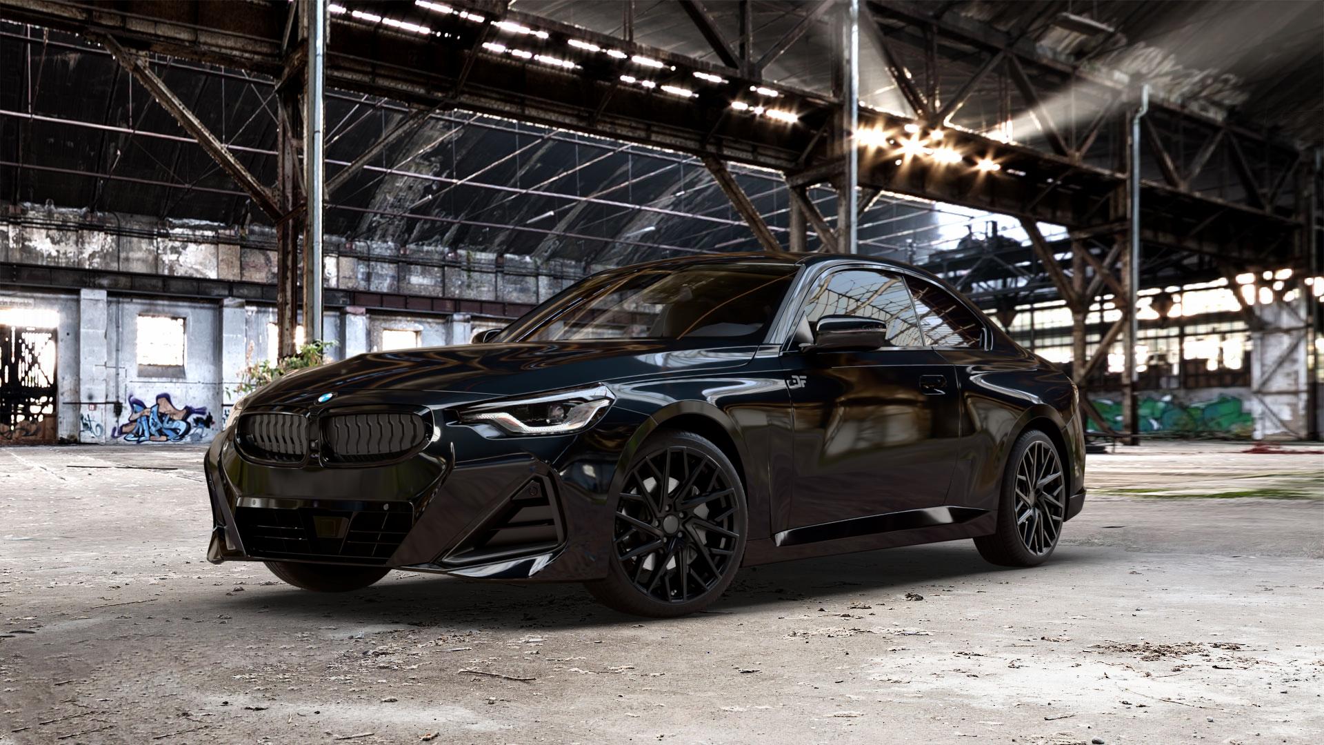 OXIGIN 28 Oxmove black matt Felge mit Reifen schwarz in 19Zoll Winterfelge Alufelge auf metallic schwarzem BMW 2er G42 Coupé (G2C) ⬇️ mit 15mm Tieferlegung ⬇️ Old Industrial Hall_max_5300mm_2024 Frontansicht_1