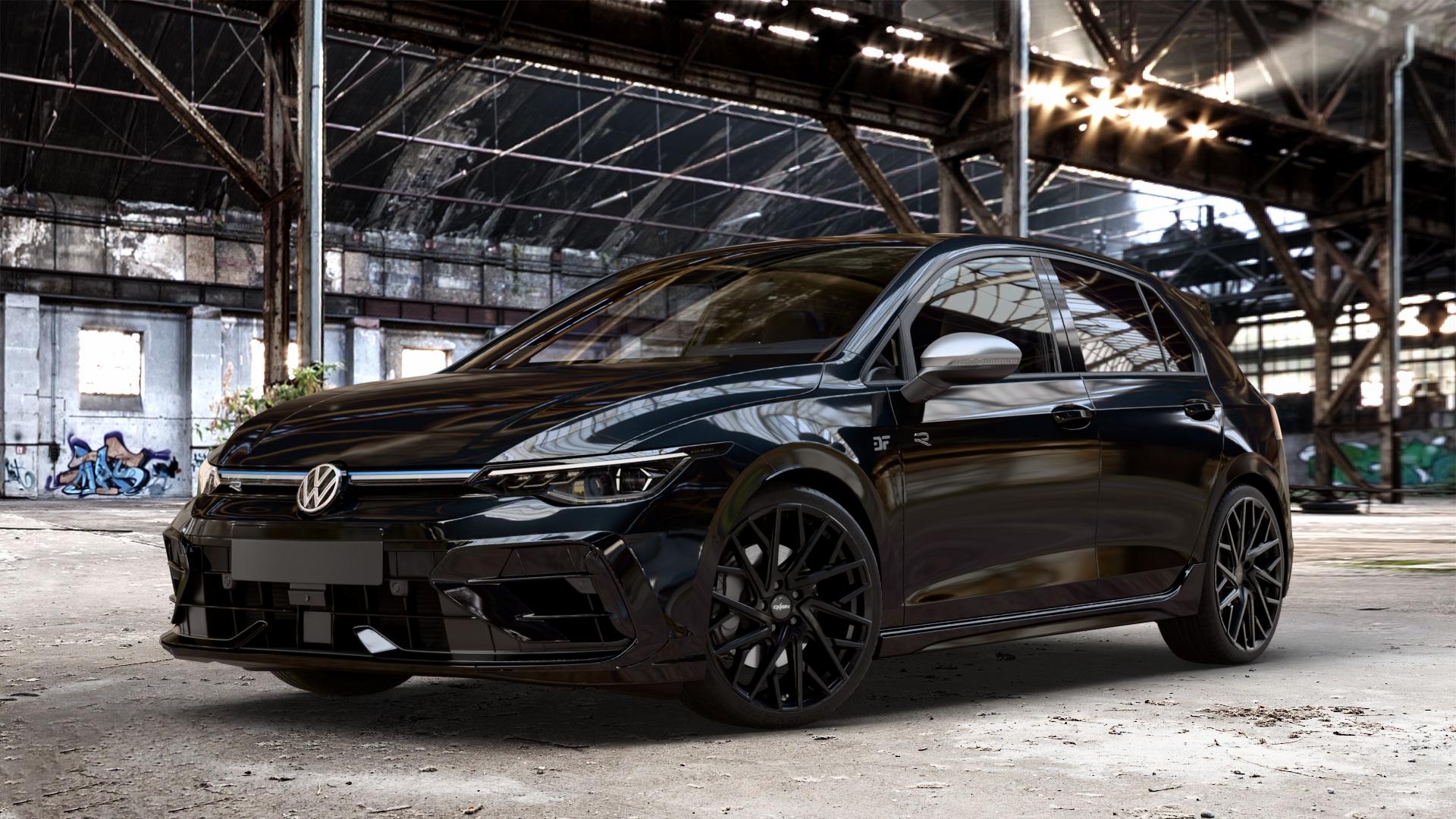 OXIGIN 28 Oxmove black matt Felge mit Reifen schwarz in 19Zoll Winterfelge Alufelge auf metallic schwarzem Volkswagen (VW) Golf 8 Facelift 2,0l R 4Motion 245kW (333 PS) ⬇️ mit 15mm Tieferlegung ⬇️ Old Industrial Hall_max_4400mm_2024 Frontansicht_1