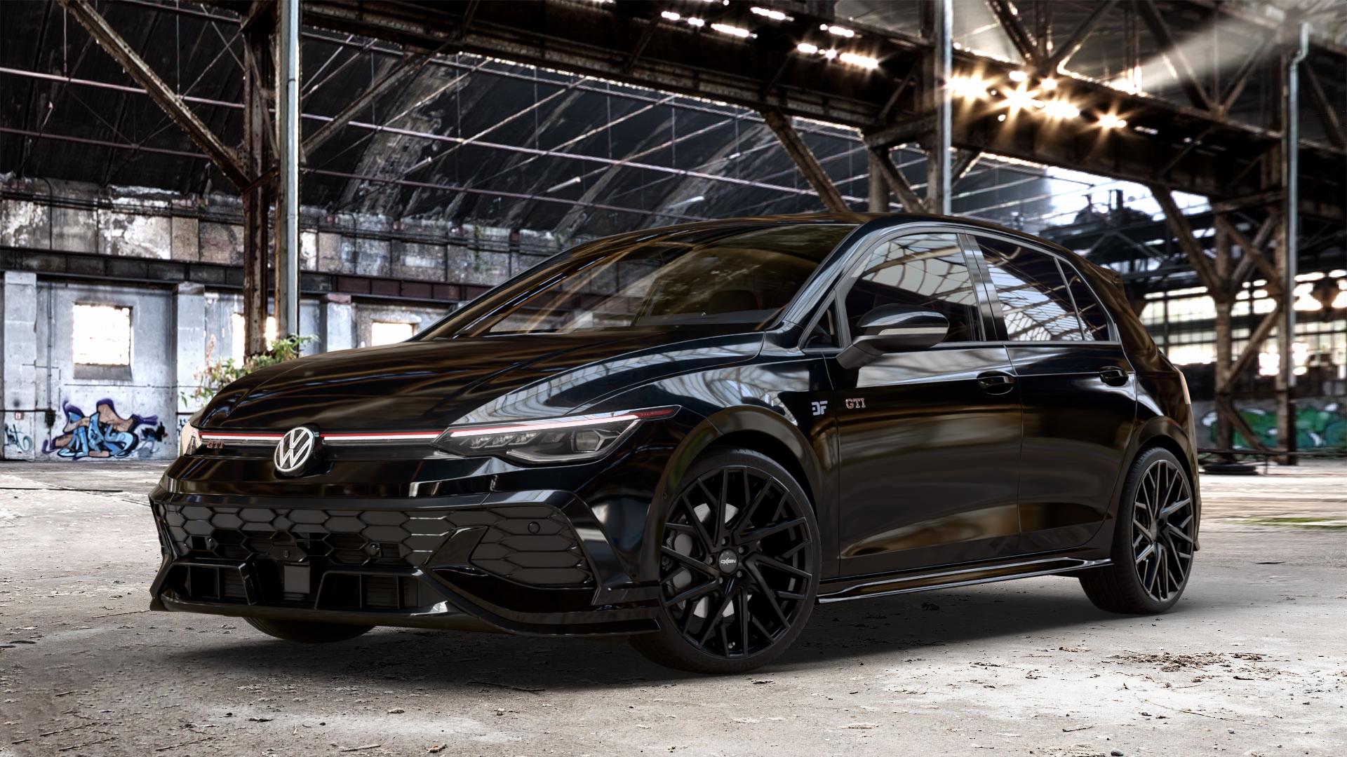 OXIGIN 28 Oxmove black matt Felge mit Reifen schwarz in 19Zoll Winterfelge Alufelge auf schwarzem Volkswagen (VW) Golf 8 Facelift 2,0l GTI Clubsport 221kW (300 PS) ⬇️ mit 15mm Tieferlegung ⬇️ Old Industrial Hall_max_4400mm_2024 Frontansicht_1