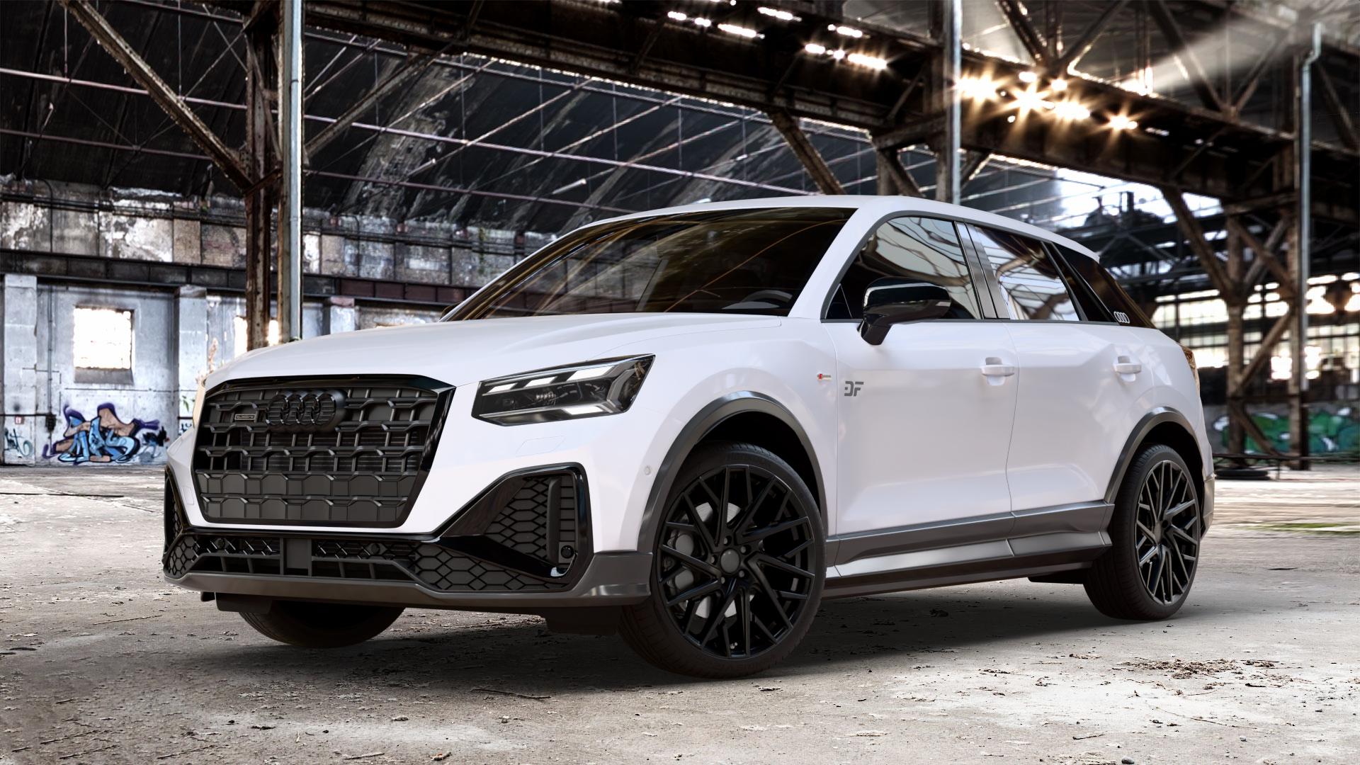 OXIGIN 28 Oxmove black matt Felge mit Reifen schwarz in 19Zoll Winterfelge Alufelge auf weißem Audi Q2 Typ GA Facelift ⬇️ mit 15mm Tieferlegung ⬇️ Old Industrial Hall_max_4400mm_2024 Frontansicht_1