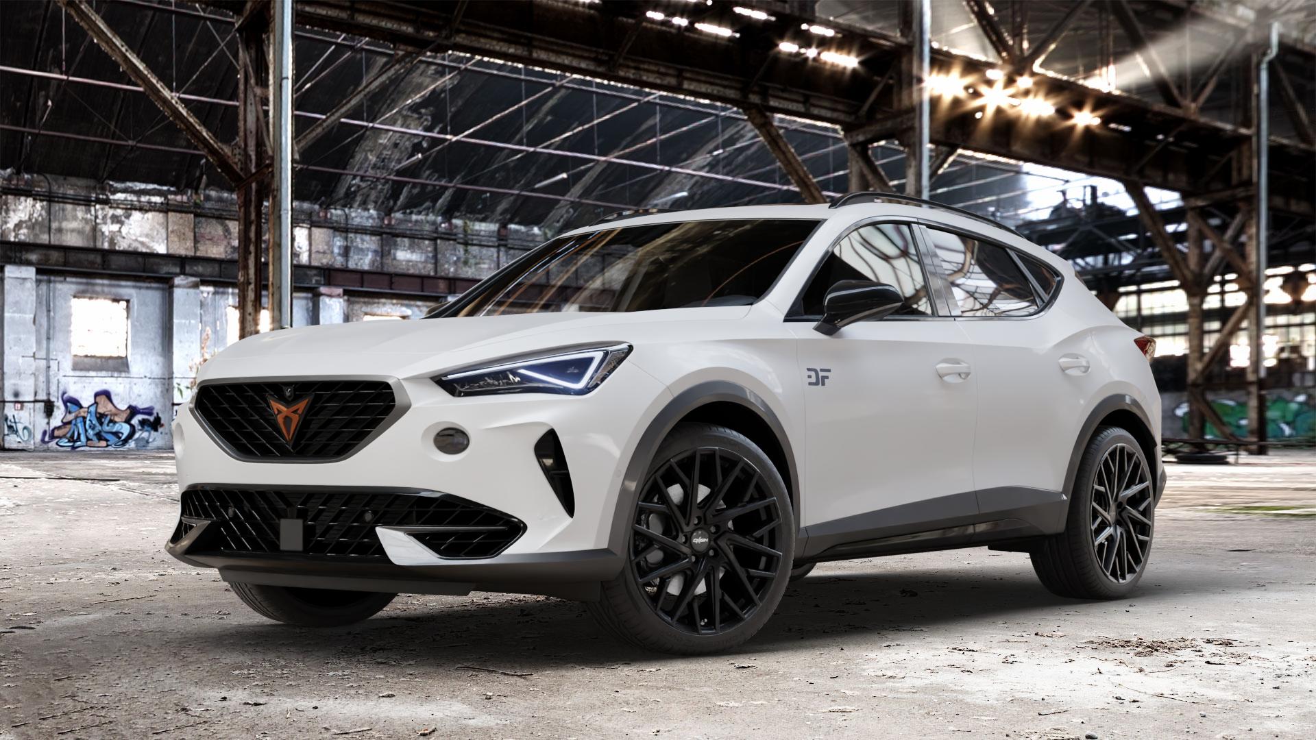 OXIGIN 28 Oxmove black matt Felge mit Reifen schwarz in 19Zoll Winterfelge Alufelge auf weissem Cupra Formentor Typ KM ⬇️ mit 15mm Tieferlegung ⬇️ Old Industrial Hall_max_4400mm_2024 Frontansicht_1