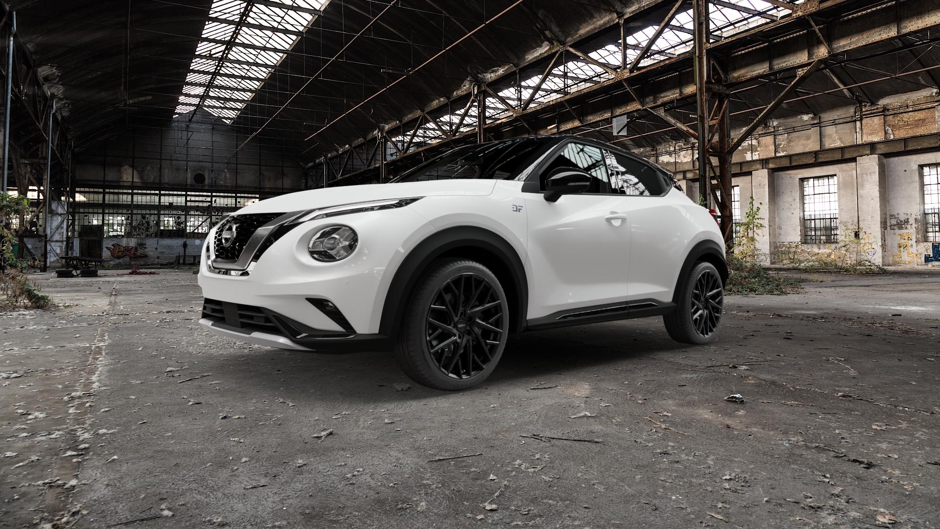 OXIGIN 28 Oxmove black matt Felge mit Reifen schwarz in 19Zoll Winterfelge Alufelge auf weissem Nissan Juke Typ F16 1,0l DIG-T 117 86kW (117 PS) Facelift ⬇️ mit 15mm Tieferlegung ⬇️ Old Industrial Hall_max5000mm_2022 Frontansicht_1