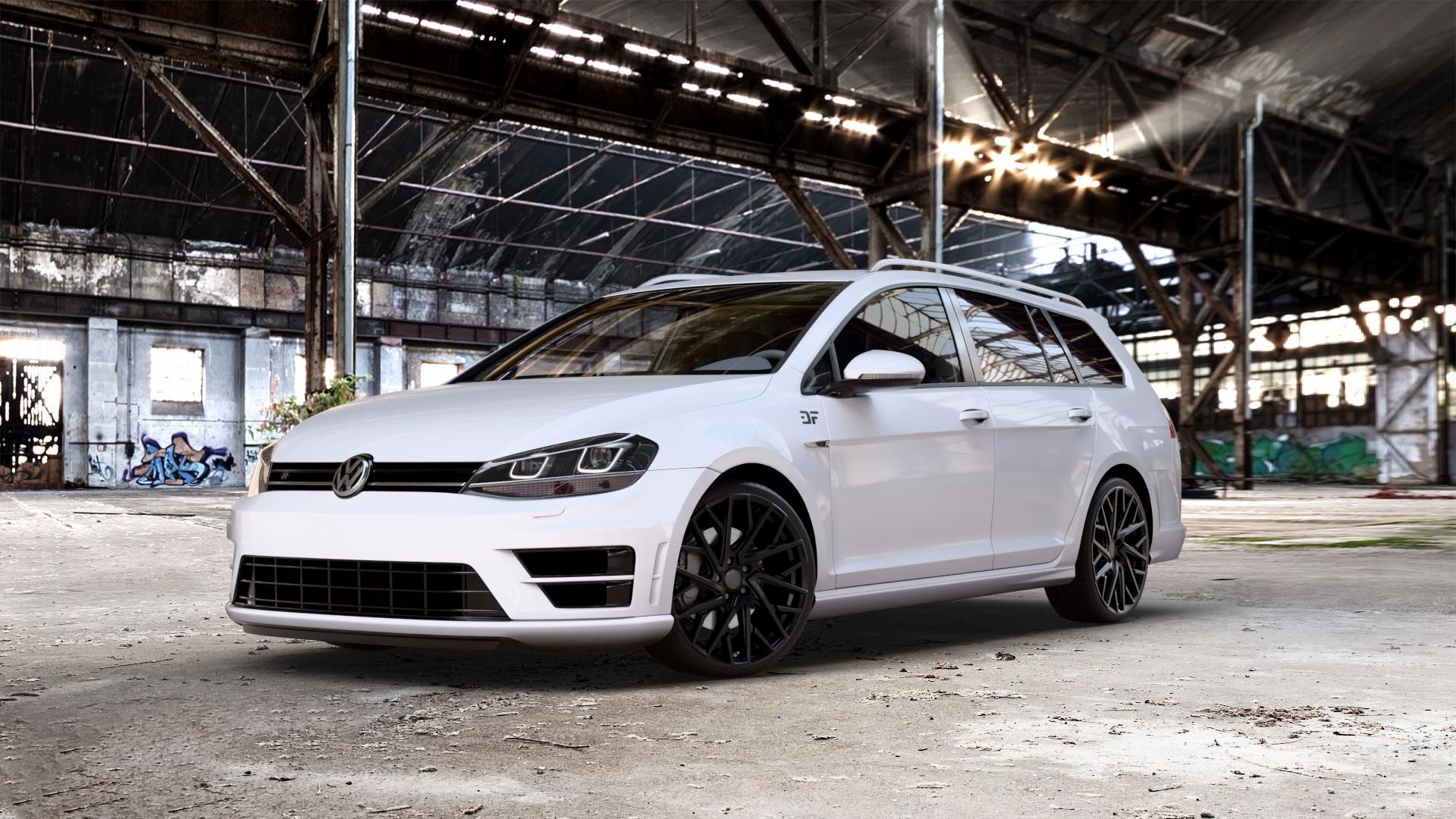 OXIGIN 28 Oxmove black matt Felge mit Reifen schwarz in 19Zoll Winterfelge Alufelge auf weissem Volkswagen (VW) Golf 7 Variant 2,0l R 4Motion 221kW (300 PS) Facelift 213kW (290 228kW (310 ⬇️ mit 15mm Tieferlegung ⬇️ Old Industrial Hall_max_5300mm_2024 Frontansicht_1