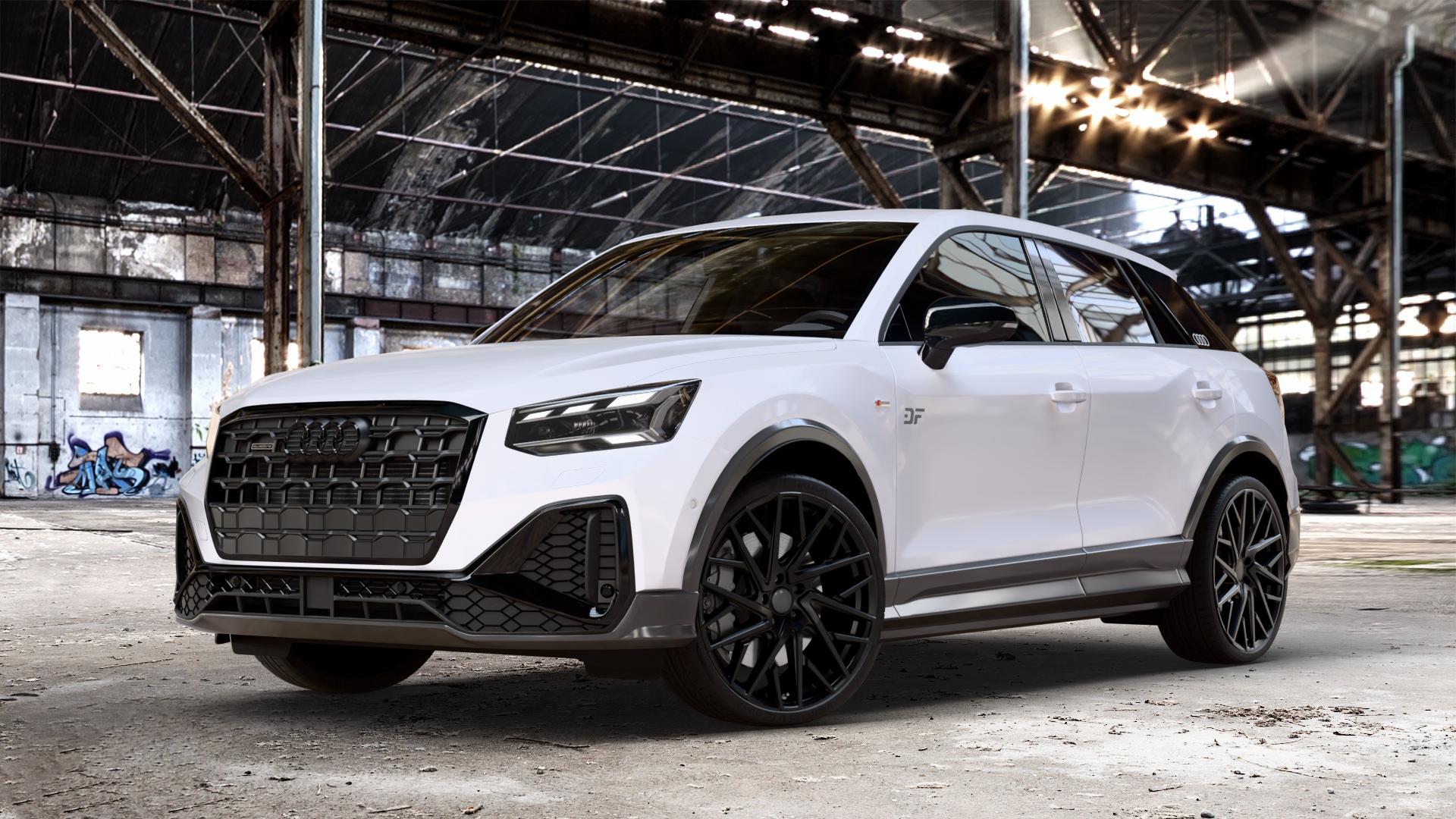 OXIGIN 28 Oxmove black matt Felge mit Reifen schwarz in 20Zoll Winterfelge Alufelge auf weißem Audi Q2 Typ GA Facelift ⬇️ mit 15mm Tieferlegung ⬇️ Old Industrial Hall_max_4400mm_2024 Frontansicht_1