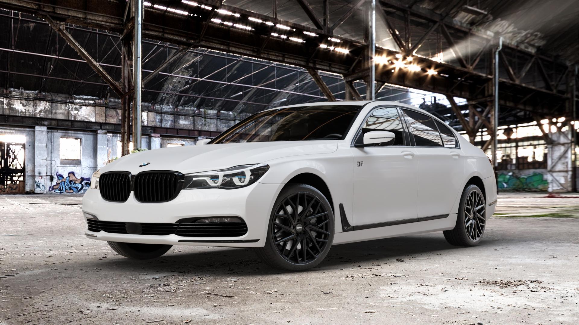 OXIGIN 28 Oxmove black matt Felge mit Reifen schwarz in 20Zoll Winterfelge Alufelge auf weissem BMW 740i Typ G11 750i xDrive 730d 740d 740e 730i 750d 7er Limousine (7L) ⬇️ mit 15mm Tieferlegung ⬇️ Old Industrial Hall_max_5300mm_2024 Frontansicht_1