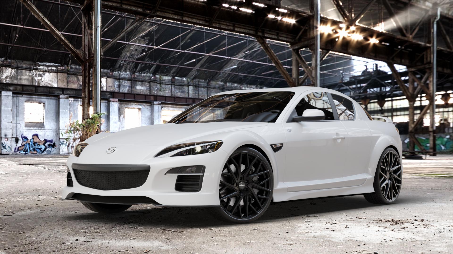 OXIGIN 28 Oxmove black matt Felge mit Reifen schwarz in 20Zoll Winterfelge Alufelge auf weissem Mazda RX-8 ⬇️ mit 15mm Tieferlegung ⬇️ Old Industrial Hall_max_4400mm_2024 Frontansicht_1