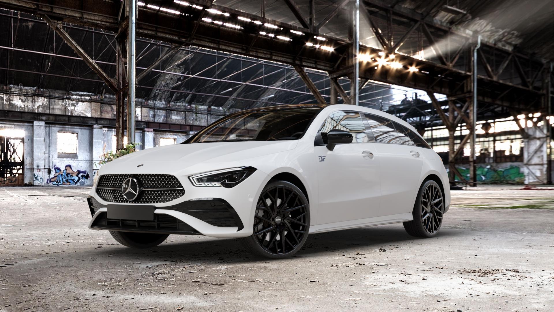 OXIGIN 28 Oxmove black matt Felge mit Reifen schwarz in 20Zoll Winterfelge Alufelge auf weissem Mercedes CLA-Klasse II Shooting Brake Typ C118 (F2CLA) Facelift ⬇️ mit 15mm Tieferlegung ⬇️ Old Industrial Hall_max_5300mm_2024 Frontansicht_1