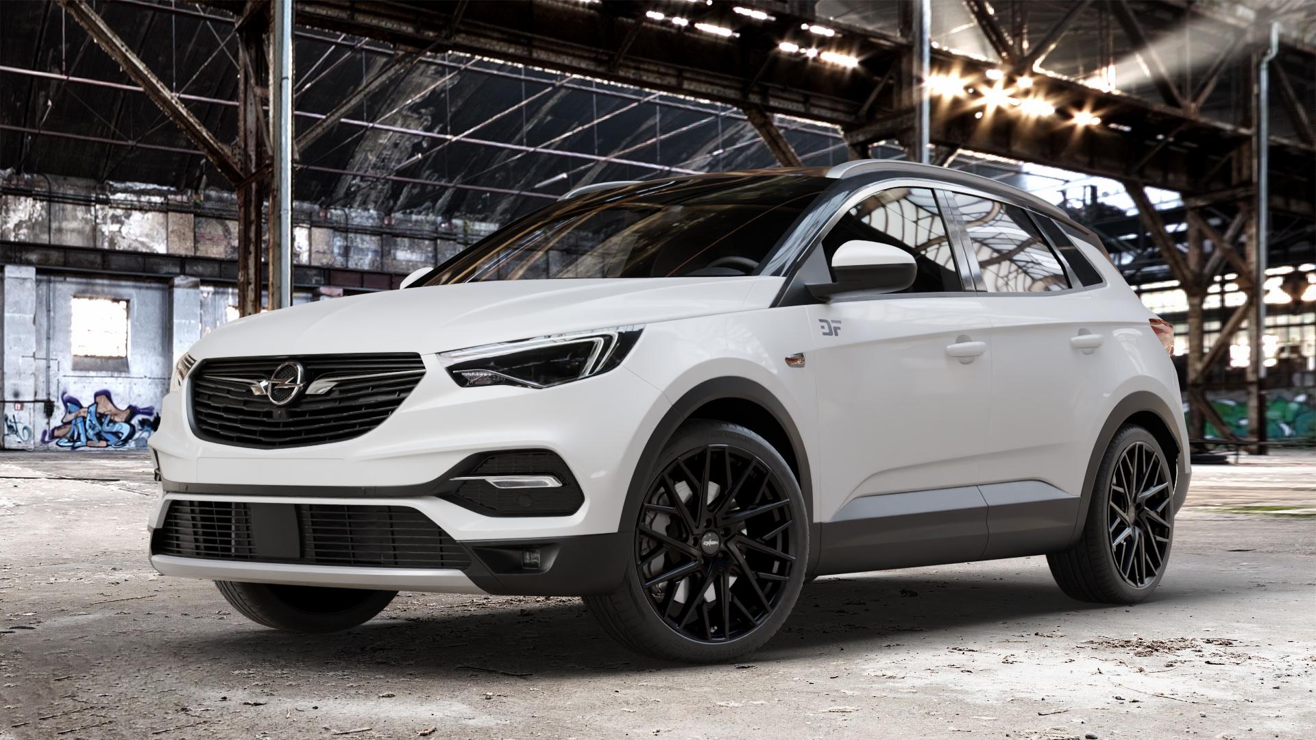OXIGIN 28 Oxmove black matt Felge mit Reifen schwarz in 20Zoll Winterfelge Alufelge auf weissem Opel Grandland X Typ Z 1,6l Turbo 147kW Hybrid AWD (200 PS) ⬇️ mit 15mm Tieferlegung ⬇️ Old Industrial Hall_max_4400mm_2024 Frontansicht_1