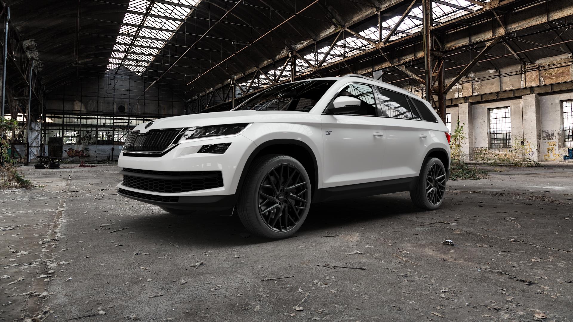 OXIGIN 28 Oxmove black matt Felge mit Reifen schwarz in 20Zoll Winterfelge Alufelge auf weissem Skoda Kodiaq Typ NS ⬇️ mit 15mm Tieferlegung ⬇️ Old Industrial Hall_max5000mm_2022 Frontansicht_1