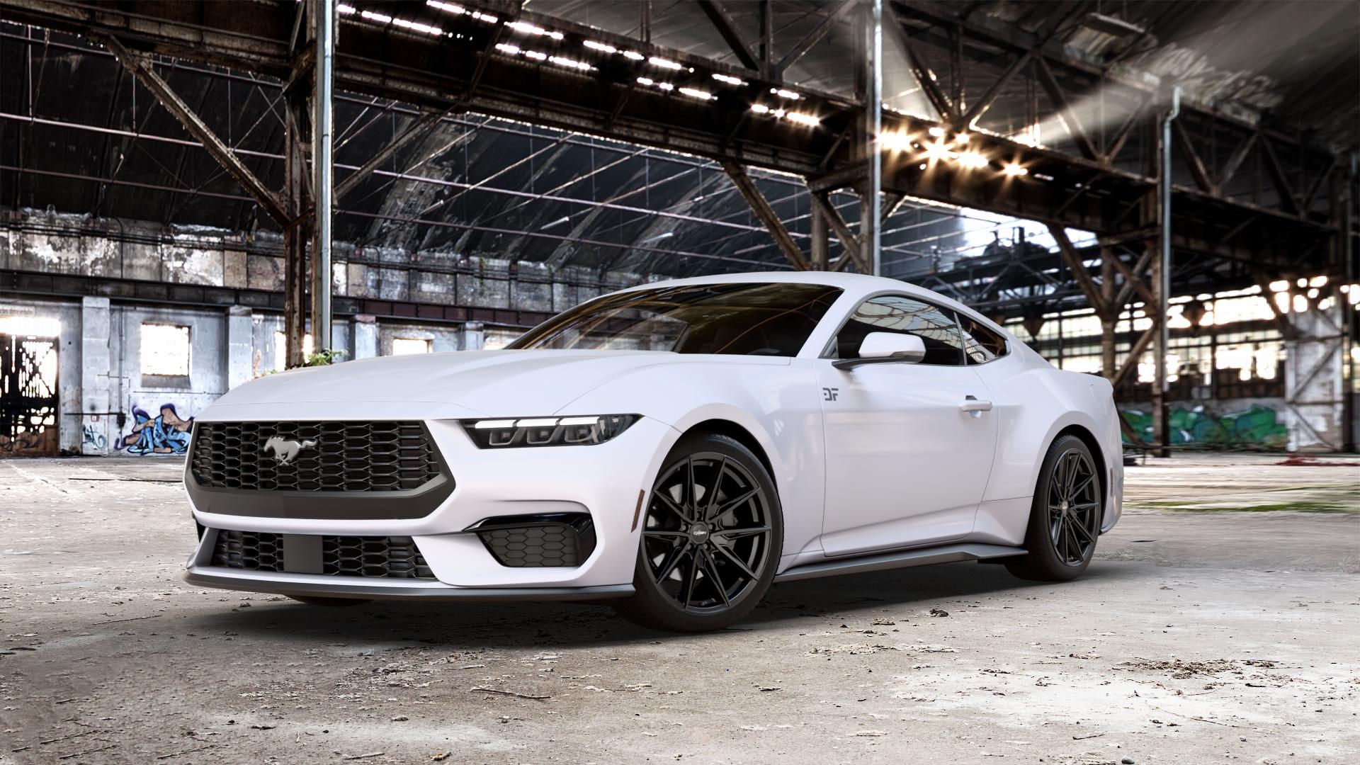 OXIGIN 30 Oxheat black matt Felge mit Reifen schwarz in 19Zoll Winterfelge Alufelge auf weißem Ford Mustang VII Coupe Typ LAE ⬇️ mit 15mm Tieferlegung ⬇️ Old Industrial Hall_max_5300mm_2024 Frontansicht_1