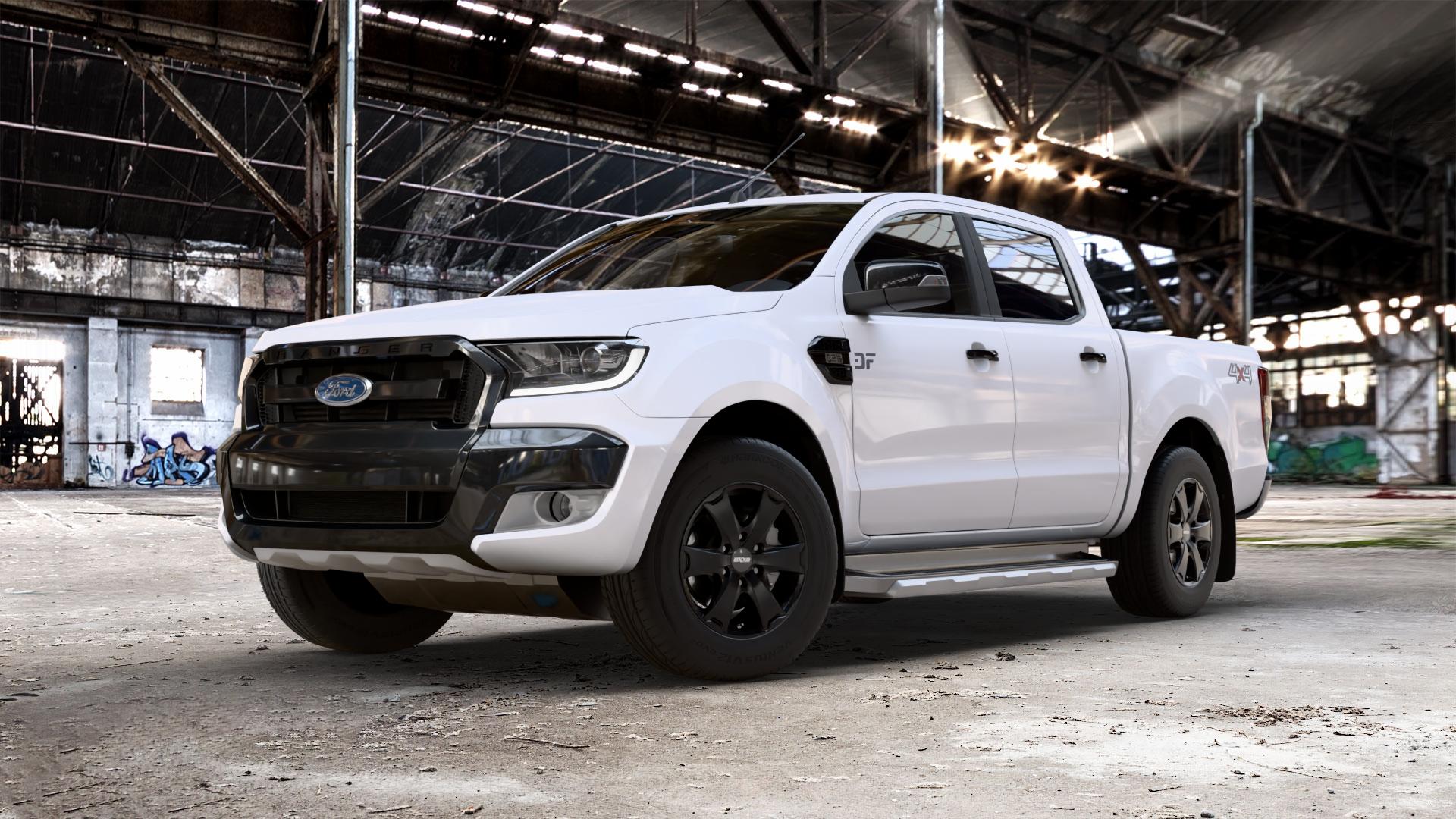 OXXO Aventura Black matt black Felge mit Reifen schwarz in 17Zoll Winterfelge Alufelge auf weissem Ford Ranger VI Typ 2AB Facelift (16->) (19->) ⬇️ mit 15mm Tieferlegung ⬇️ Old Industrial Hall_max_5300mm_2024 Frontansicht_1