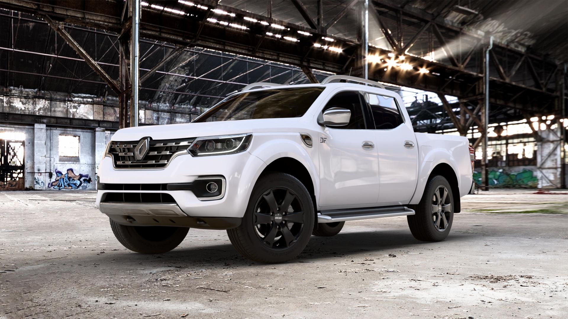 OXXO Aventura Black matt black Felge mit Reifen schwarz in 18Zoll Winterfelge Alufelge auf weissem Renault Alaskan ⬇️ mit 15mm Tieferlegung ⬇️ Old Industrial Hall_max_5300mm_2024 Frontansicht_1