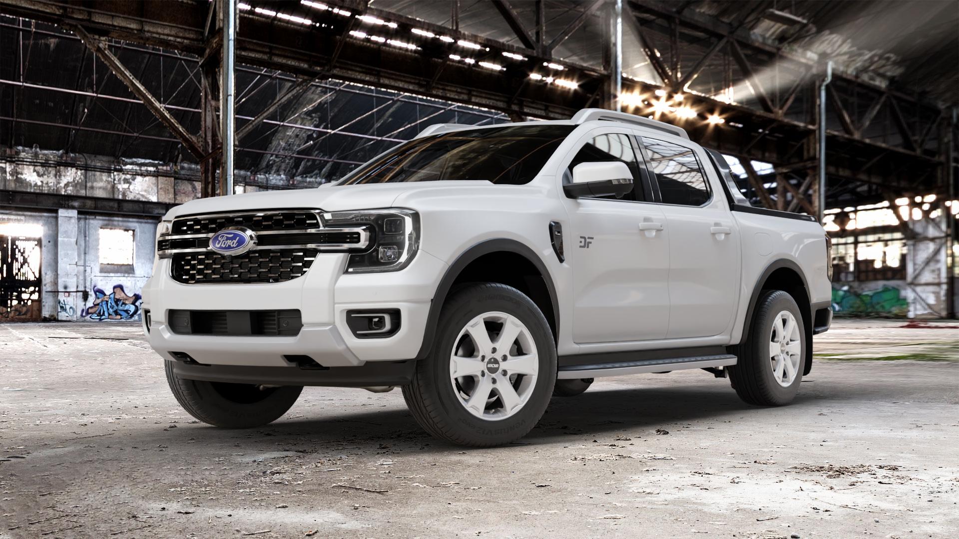 OXXO Aventura silver Felge mit Reifen silber in 18Zoll Winterfelge Alufelge auf weissem Ford Ranger VII Typ 2AB ⬇️ mit 15mm Tieferlegung ⬇️ Old Industrial Hall_max_5300mm_2024 Frontansicht_1