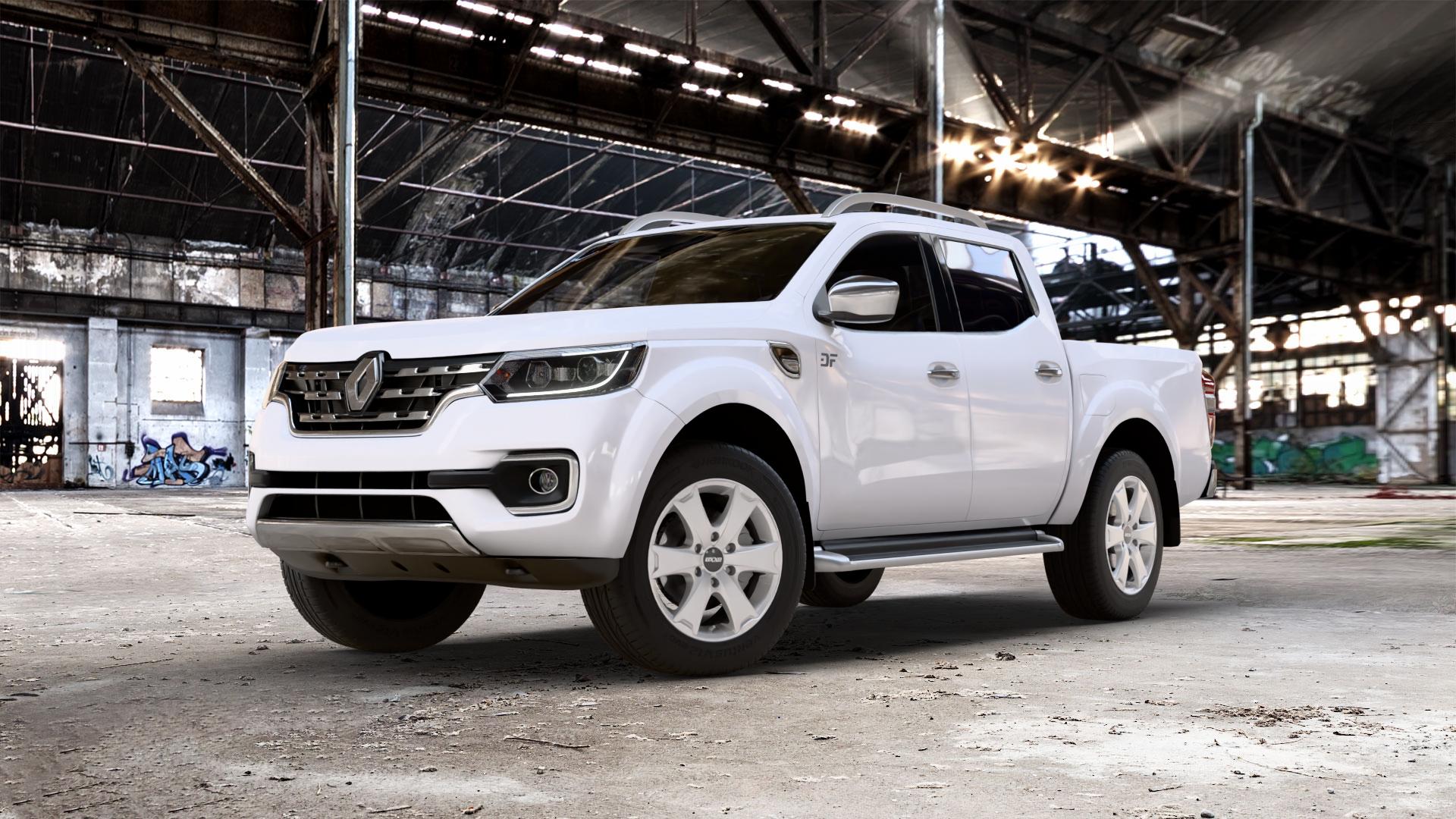 OXXO Aventura silver Felge mit Reifen silber in 18Zoll Winterfelge Alufelge auf weissem Renault Alaskan ⬇️ mit 15mm Tieferlegung ⬇️ Old Industrial Hall_max_5300mm_2024 Frontansicht_1