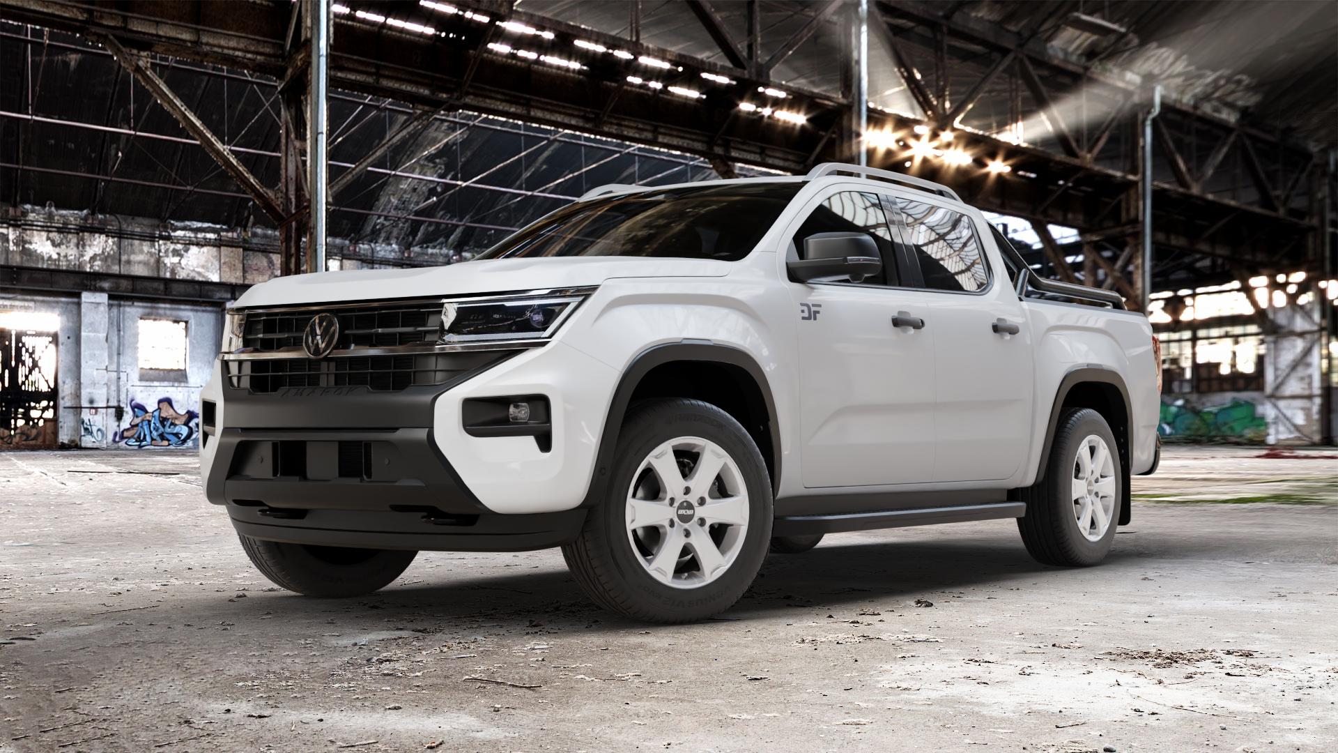OXXO Aventura silver Felge mit Reifen silber in 18Zoll Winterfelge Alufelge auf weissem Volkswagen (VW) Amarok II Typ T1 ⬇️ mit 15mm Tieferlegung ⬇️ Old Industrial Hall_max_5300mm_2024 Frontansicht_1