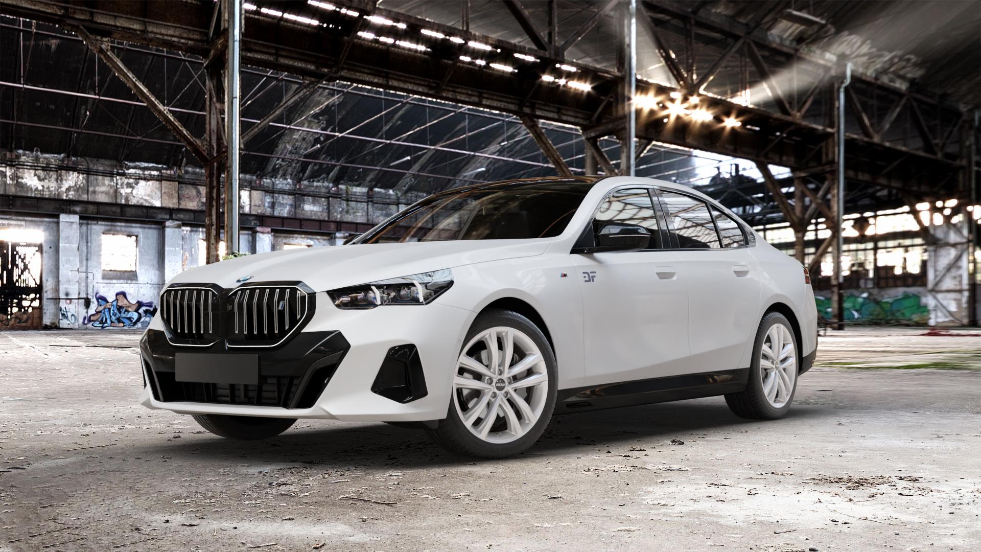 OXXO Brave Silver Felge mit Reifen silber in 19Zoll Winterfelge Alufelge auf weissem BMW i5 (G6E) 0,0l M60 xDrive 127kW (173 PS) ⬇️ mit 15mm Tieferlegung ⬇️ Old Industrial Hall_max_5300mm_2024 Frontansicht_1