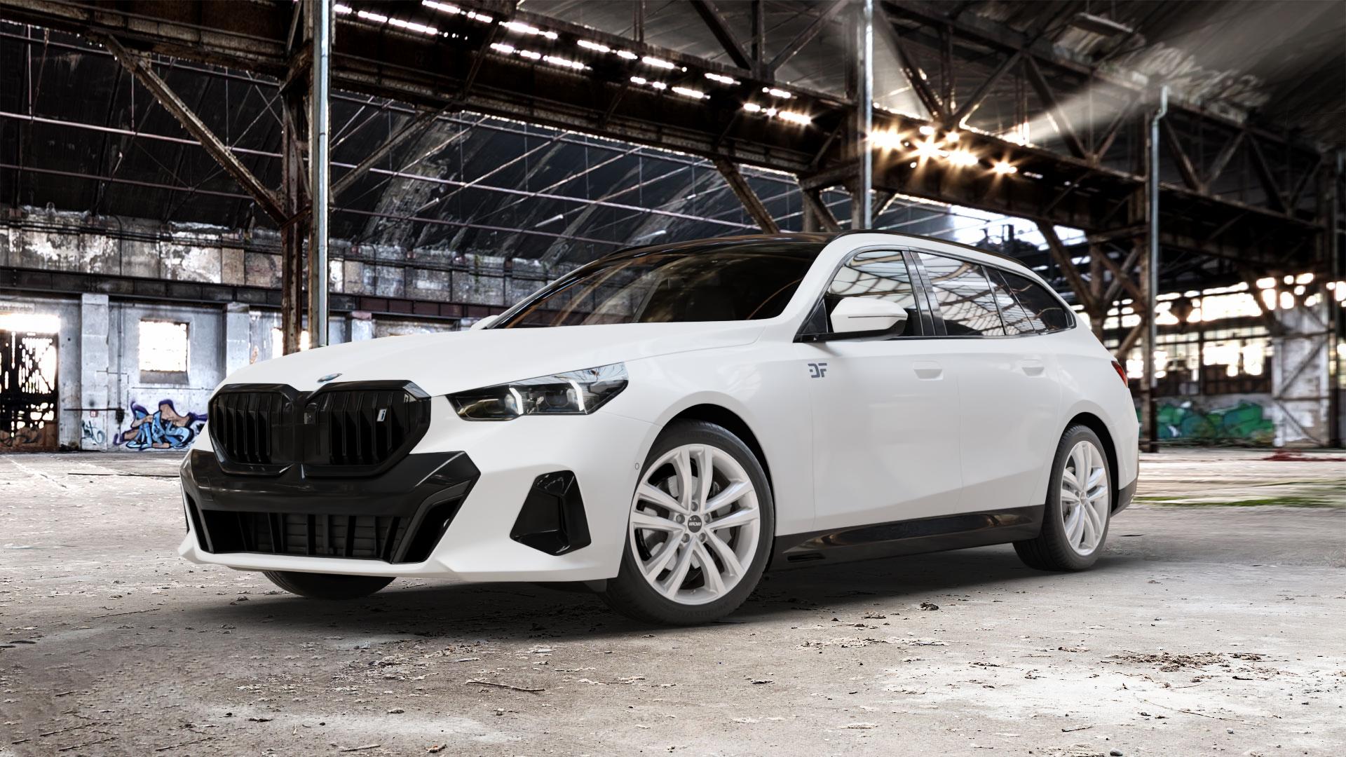 OXXO Brave silver Felge mit Reifen silber in 19Zoll Winterfelge Alufelge auf weissem BMW i5 Touring (G6E) 0,0l M60 xDrive 127kW (173 PS) ⬇️ mit 15mm Tieferlegung ⬇️ Old Industrial Hall_max_5300mm_2024 Frontansicht_1