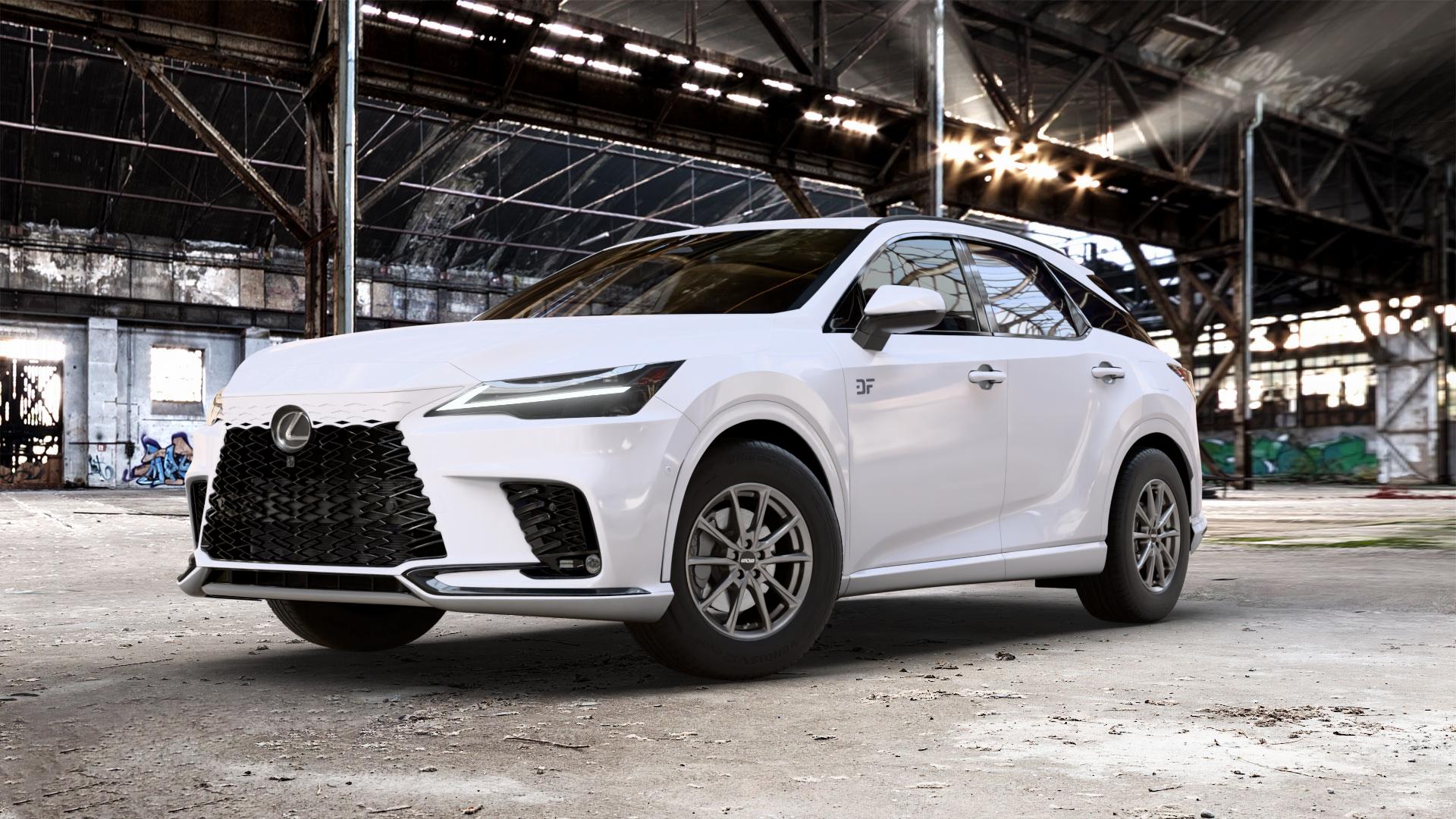 OXXO Centurio Dark matt gunmetal Felge mit Reifen grau anthrazit in 17Zoll Winterfelge Alufelge auf weissem Lexus RX V Typ AL3(M) 2,5l 140kW RX350H AWD (190 PS) 136kW RX450H+ (185 2,4l 200kW RX500H (272 AL3(M)-TGRE ⬇️ mit 15mm Tieferlegung ⬇️ Old Industrial Hall_max_5300mm_2024 Frontansicht_1