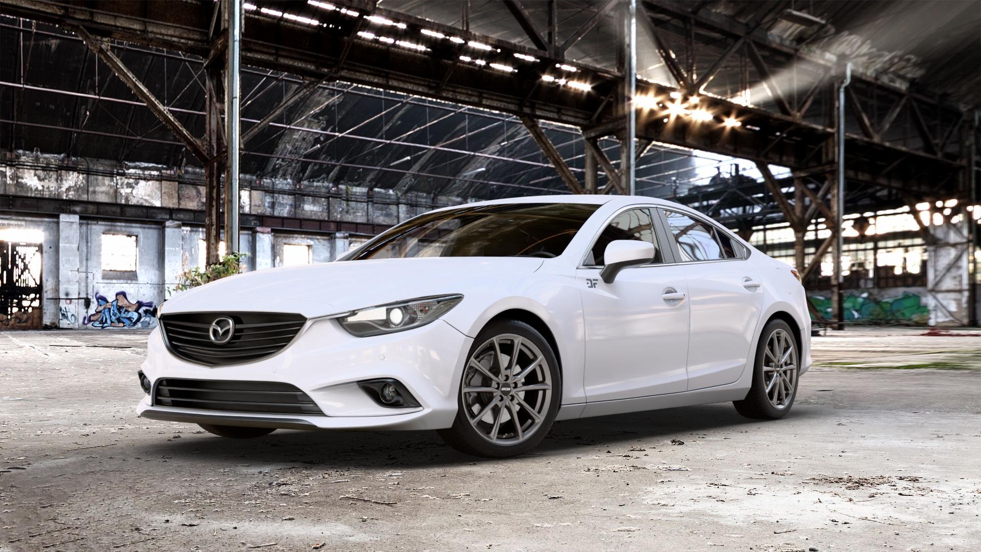 OXXO Centurio Dark matt gunmetal Felge mit Reifen grau anthrazit in 18Zoll Winterfelge Alufelge auf weissem Mazda 6 III (12-15) Limousine (GJ/GH) (15-18) (GH) Facelift (GJ) ⬇️ mit 15mm Tieferlegung ⬇️ Old Industrial Hall_max_5300mm_2024 Frontansicht_1