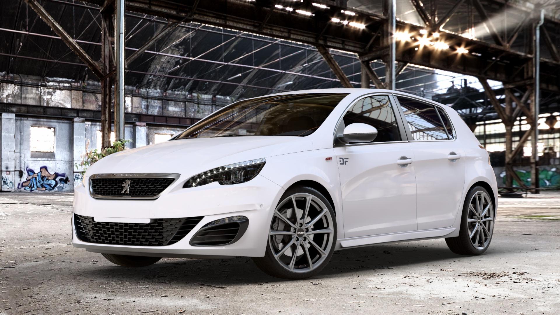 OXXO Centurio Dark matt gunmetal Felge mit Reifen grau anthrazit in 19Zoll Winterfelge Alufelge auf weissem Peugeot 308 II Typ L Facelift ⬇️ mit 15mm Tieferlegung ⬇️ Old Industrial Hall_max_4400mm_2024 Frontansicht_1