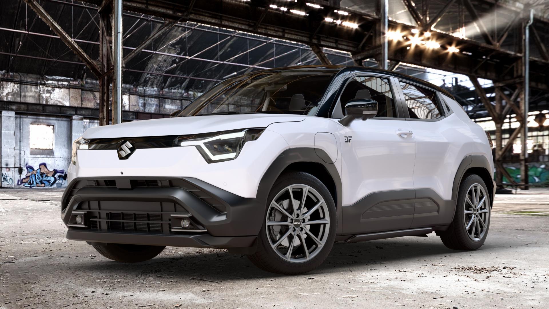 OXXO Centurio Dark matt gunmetal Felge mit Reifen grau anthrazit in 19Zoll Winterfelge Alufelge auf weissen Suzuki Vitara Typ AP ⬇️ mit 15mm Tieferlegung ⬇️ Old Industrial Hall_max_4400mm_2024 Frontansicht_1