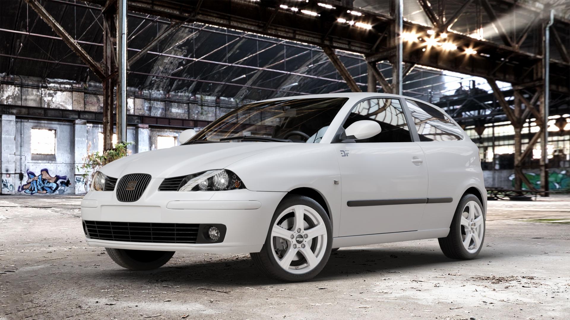 OXXO Charon silver Felge mit Reifen silber in 16Zoll Winterfelge Alufelge auf weissem Seat Ibiza III Typ 6L ⬇️ mit 15mm Tieferlegung ⬇️ Old Industrial Hall_max_4400mm_2024 Frontansicht_1
