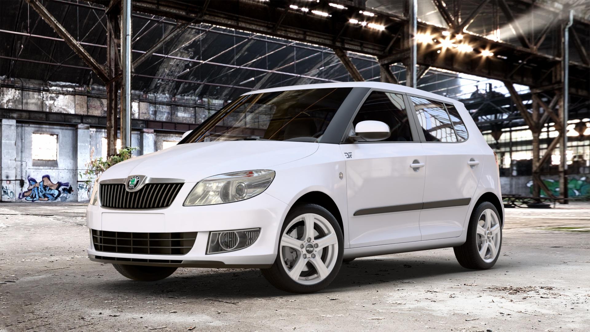 OXXO Charon Silver Felge mit Reifen silber in 16Zoll Winterfelge Alufelge auf weissem Skoda Fabia II Typ 5J Facelift ⬇️ mit 15mm Tieferlegung ⬇️ Old Industrial Hall_max_4400mm_2024 Frontansicht_1