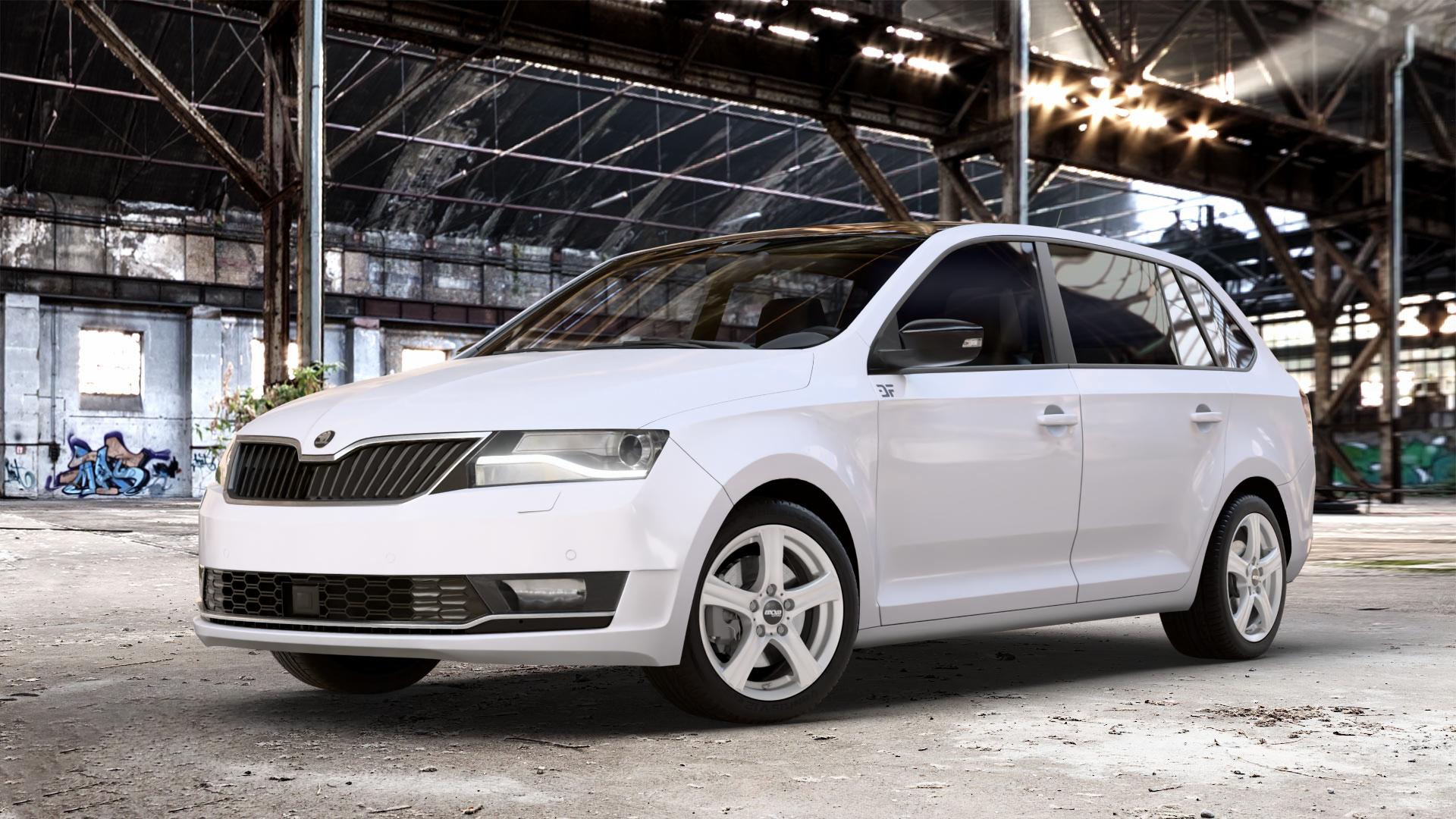 OXXO Charon Silver Felge mit Reifen silber in 16Zoll Winterfelge Alufelge auf weissem Skoda Rapid Spaceback Typ NH Facelift ⬇️ mit 15mm Tieferlegung ⬇️ Old Industrial Hall_max_4400mm_2024 Frontansicht_1