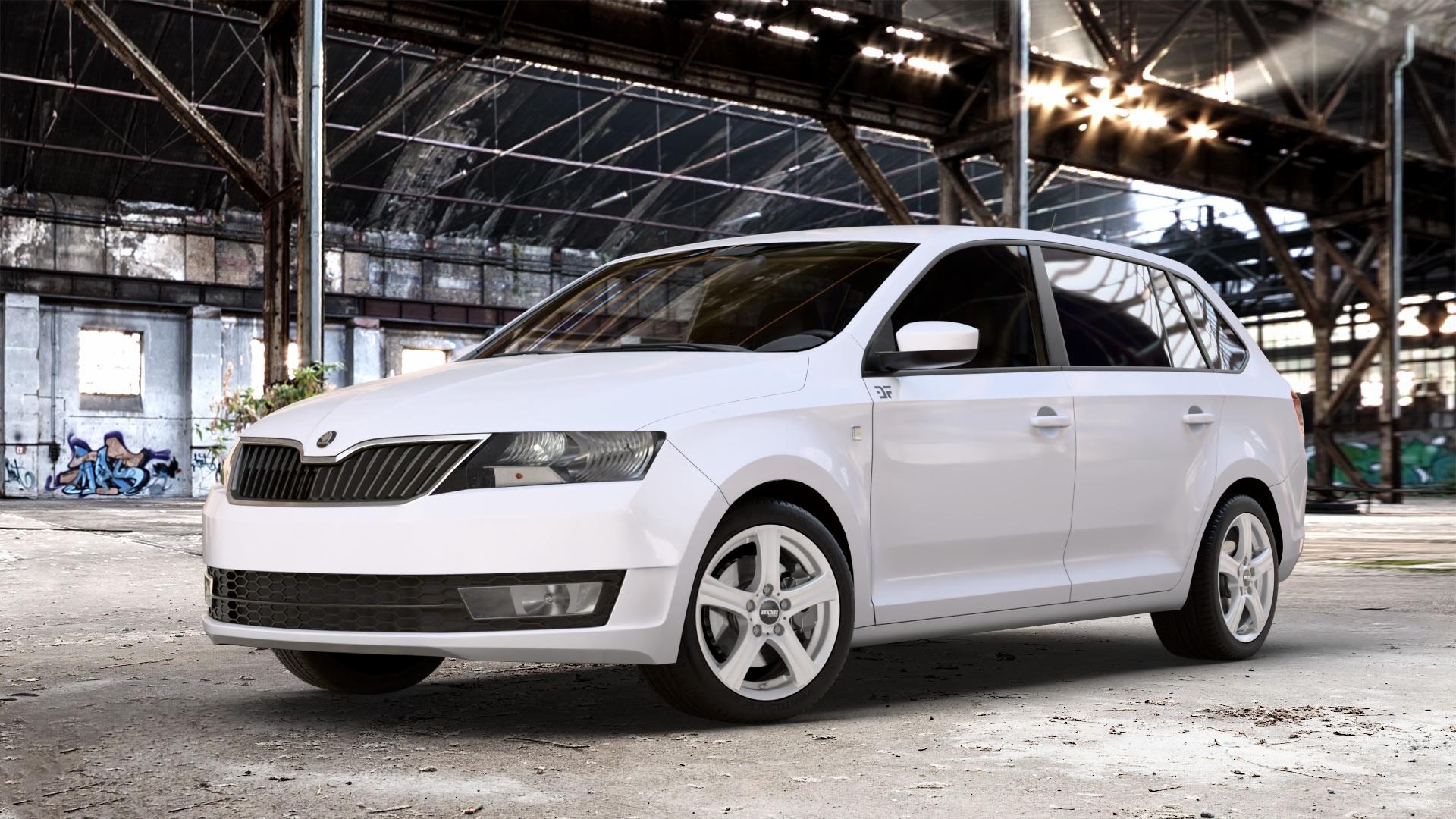 OXXO Charon Silver Felge mit Reifen silber in 16Zoll Winterfelge Alufelge auf weissem Skoda Rapid Spaceback Typ NH ⬇️ mit 15mm Tieferlegung ⬇️ Old Industrial Hall_max_4400mm_2024 Frontansicht_1