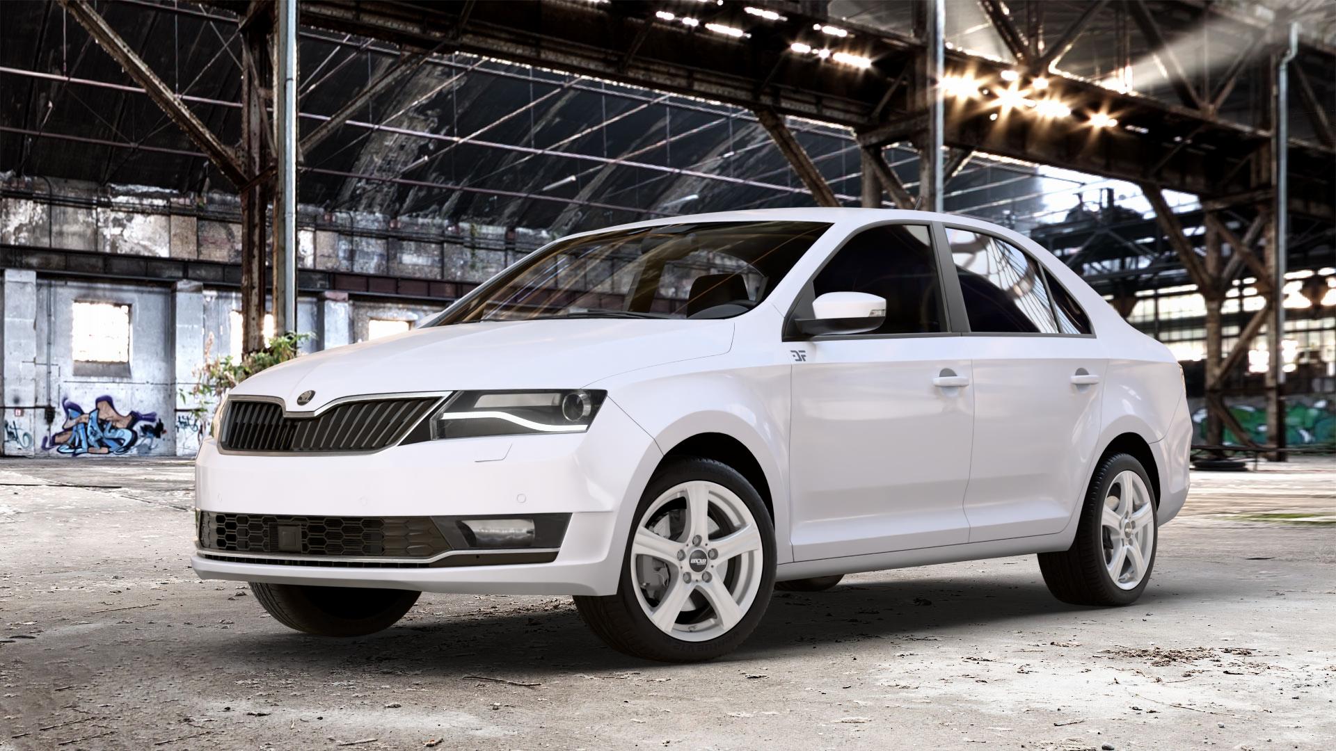 OXXO Charon Silver Felge mit Reifen silber in 16Zoll Winterfelge Alufelge auf weissem Skoda Rapid Typ NH Facelift ⬇️ mit 15mm Tieferlegung ⬇️ Old Industrial Hall_max_4400mm_2024 Frontansicht_1