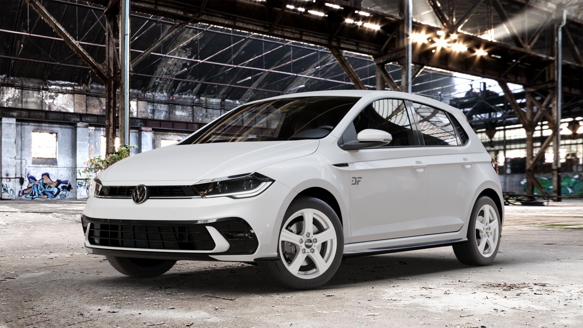 OXXO Charon silver Felge mit Reifen silber in 16Zoll Winterfelge Alufelge auf weissem Volkswagen (VW) Polo VI Typ AW Facelift 1,0l TGI 66kW (90 PS) TSI 81kW (110 70kW (95 MPI 59kW (80 ⬇️ mit 15mm Tieferlegung ⬇️ Old Industrial Hall_max_4400mm_2024 Frontansicht_1
