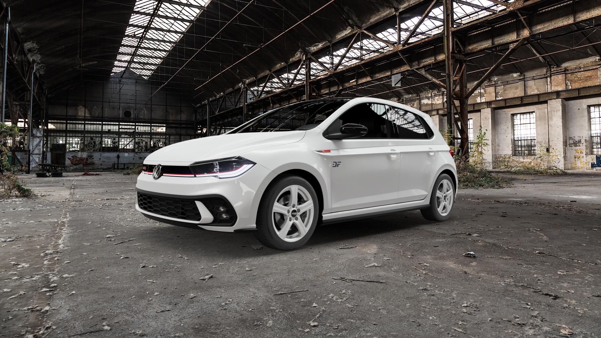 OXXO Charon silver Felge mit Reifen silber in 16Zoll Winterfelge Alufelge auf weissem Volkswagen (VW) Polo VI Typ AW Facelift 2,0l GTI 152kW (207 PS) ⬇️ mit 15mm Tieferlegung ⬇️ Old Industrial Hall_max5000mm_2022 Frontansicht_1