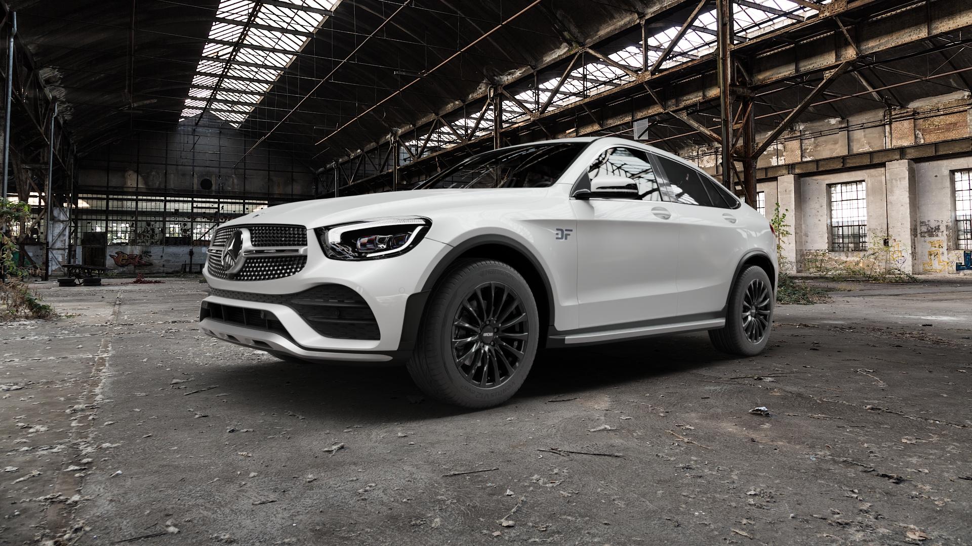 OXXO ELAN BLACK Black Felge mit Reifen schwarz in 18Zoll Winterfelge Alufelge auf weissem Mercedes GLC-Klasse Coupe Typ C253 Facelift ⬇️ mit 15mm Tieferlegung ⬇️ Old Industrial Hall_max5000mm_2022 Frontansicht_1
