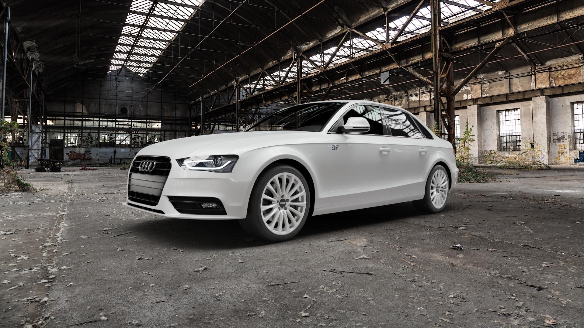 OXXO Elan silver Felge mit Reifen silber in 18Zoll Winterfelge Alufelge auf weissem Audi A4 Typ 8K2/B8 (Limousine) Facelift ⬇️ mit 15mm Tieferlegung ⬇️ Old Industrial Hall_max5000mm_2022 Frontansicht_1