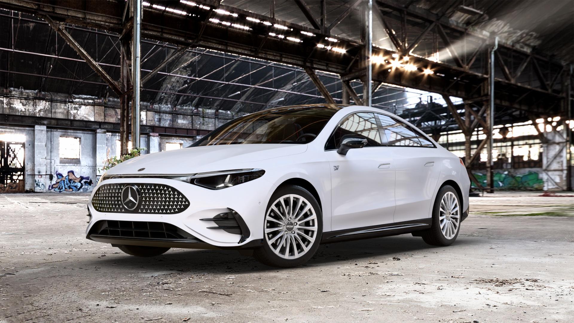 OXXO Elan silver Felge mit Reifen silber in 18Zoll Winterfelge Alufelge auf weissem Mercedes CLA EQ Typ C174 (MMCLAE) 0,0l 250+ 145kW (197 PS) 350 4Matic 200kW (272 ⬇️ mit 15mm Tieferlegung ⬇️ Old Industrial Hall_max_5300mm_2024 Frontansicht_1