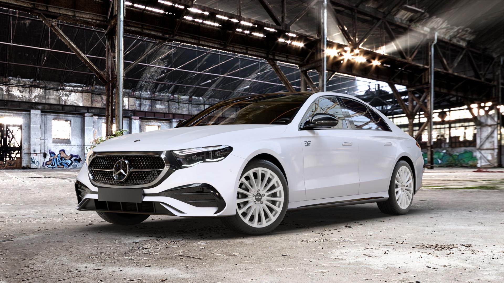 OXXO Elan silver Felge mit Reifen silber in 19Zoll Winterfelge Alufelge auf weissem Mercedes E-Klasse Typ W214 Limousine (R2EW) ⬇️ mit 15mm Tieferlegung ⬇️ Old Industrial Hall_max_5300mm_2024 Frontansicht_1