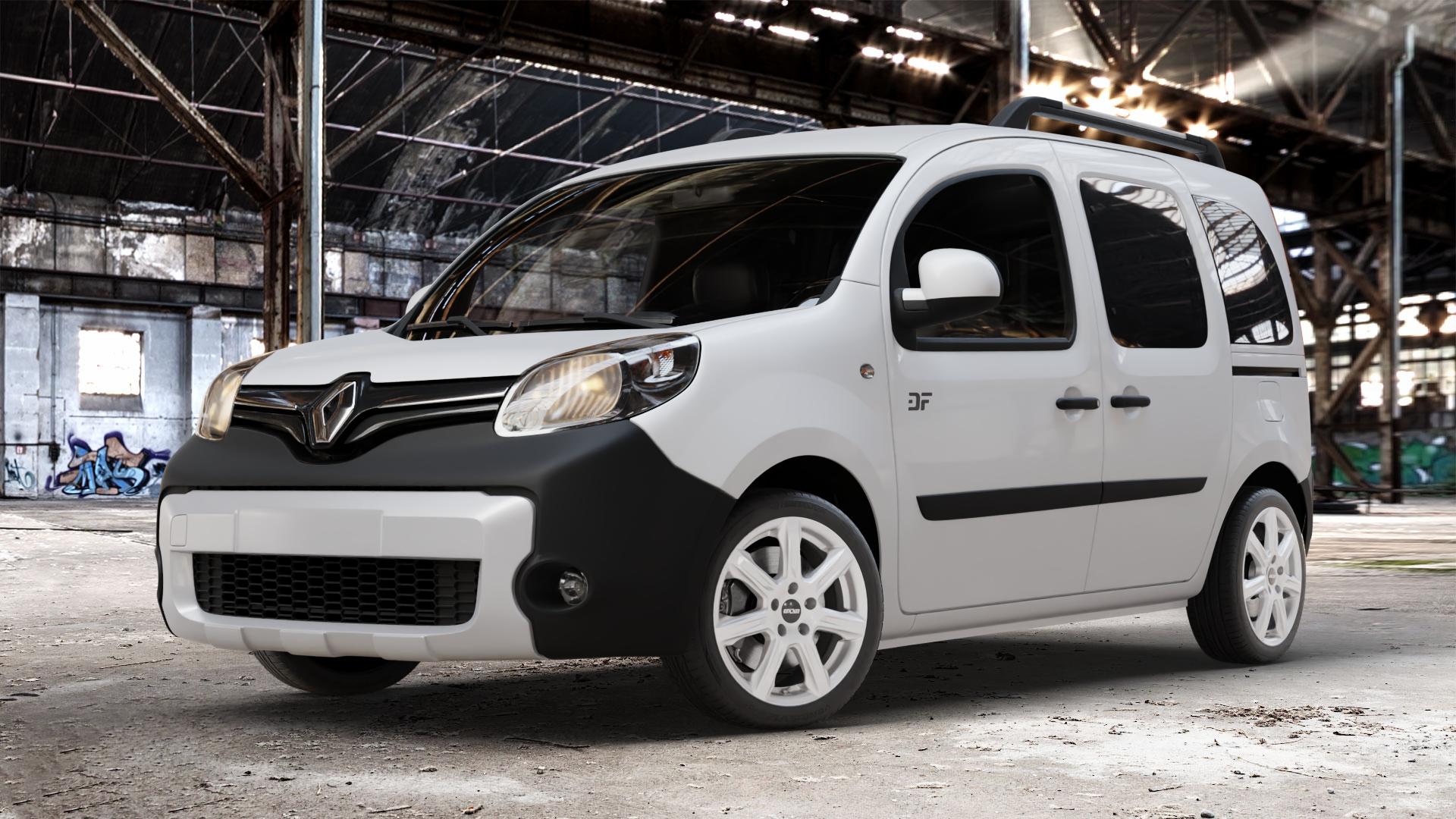 OXXO Ferox silver Felge mit Reifen silber in 17Zoll Winterfelge Alufelge auf weissem Renault Kangoo II Typ W Rapid FW BeBop Facelift (13->) Maxi ⬇️ mit 15mm Tieferlegung ⬇️ Old Industrial Hall_max_4400mm_2024 Frontansicht_1