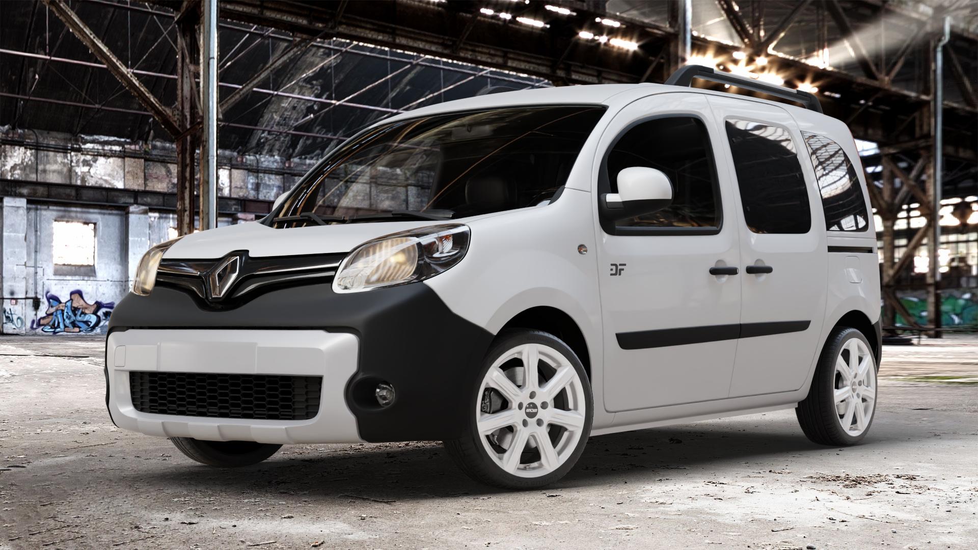 OXXO Ferox silver Felge mit Reifen silber in 18Zoll Winterfelge Alufelge auf weissem Renault Kangoo II Typ W Rapid FW BeBop Facelift (13->) Maxi ⬇️ mit 15mm Tieferlegung ⬇️ Old Industrial Hall_max_4400mm_2024 Frontansicht_1