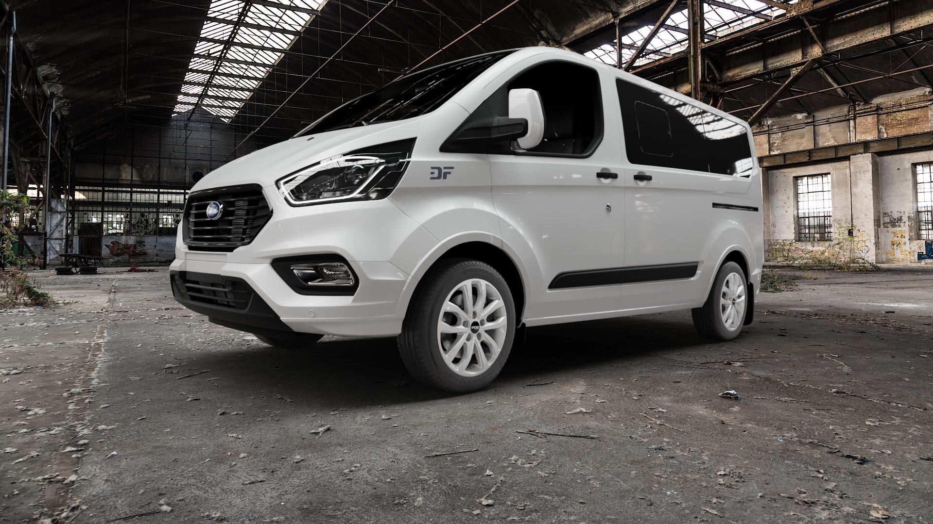 OXXO Hyperion silver Felge mit Reifen silber in 17Zoll Winterfelge Alufelge auf weissem Ford Transit Custom Typ FAC (19->) ⬇️ mit 15mm Tieferlegung ⬇️ Old Industrial Hall_max5000mm_2022 Frontansicht_1