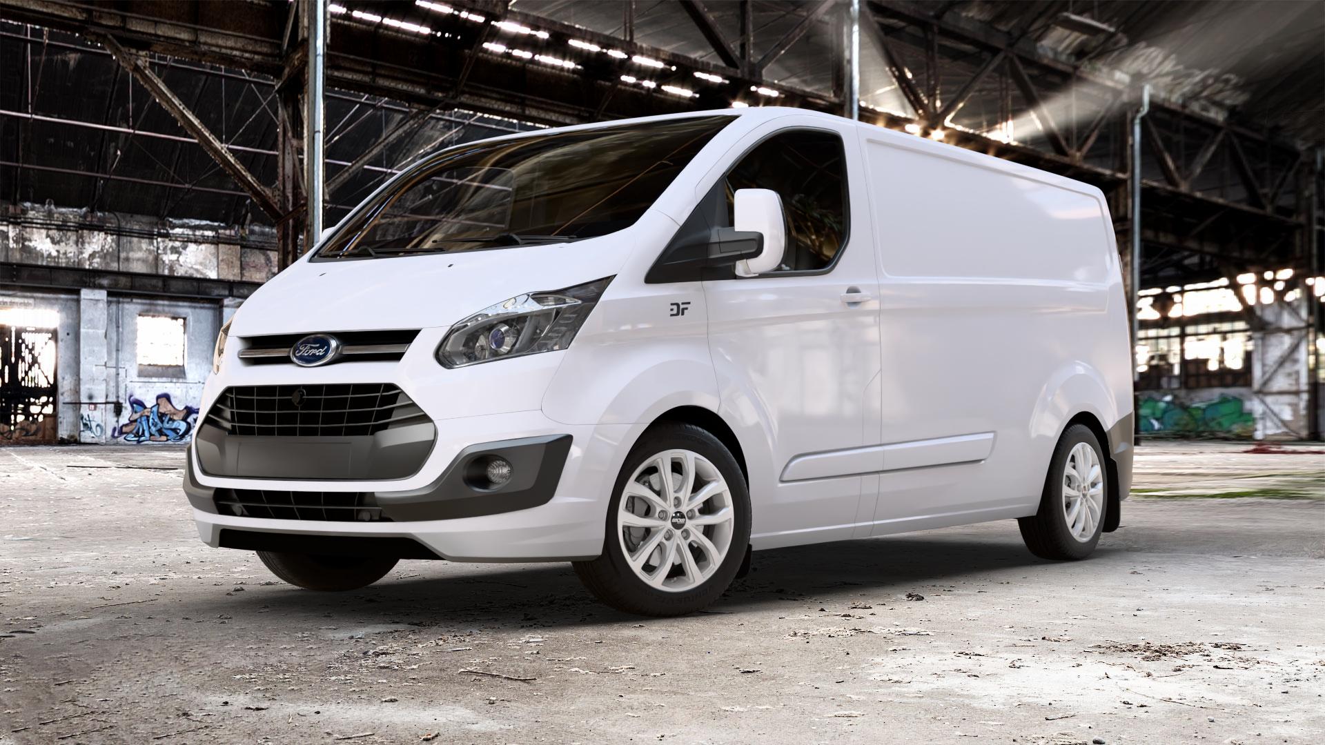 OXXO Hyperion silver Felge mit Reifen silber in 17Zoll Winterfelge Alufelge auf weissem Ford Transit Custom Typ FCC (12->) ⬇️ mit 15mm Tieferlegung ⬇️ Old Industrial Hall_max_5300mm_2024 Frontansicht_1