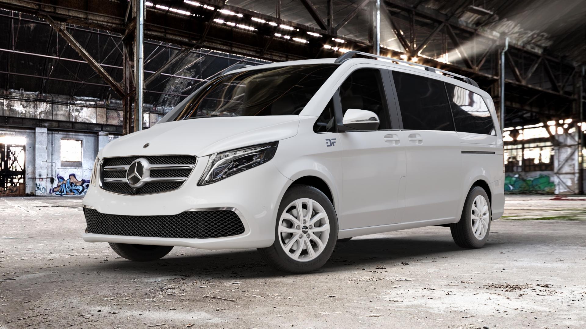 OXXO Hyperion silver Felge mit Reifen silber in 17Zoll Winterfelge Alufelge auf weissem Mercedes V-Klasse Typ W447 Facelift Marco Polo Vito Tourer ⬇️ mit 15mm Tieferlegung ⬇️ Old Industrial Hall_max_5300mm_2024 Frontansicht_1