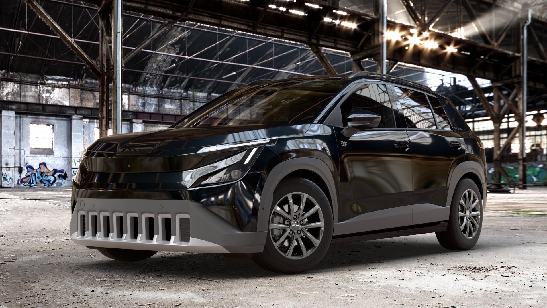OXXO Liberty Dark gunmetal Felge mit Reifen grau in 16Zoll Winterfelge Alufelge auf metallic schwarzem Skoda Epiq Typ PX ⬇️ mit 15mm Tieferlegung ⬇️ Old Industrial Hall_max_4400mm_2024 Frontansicht_1