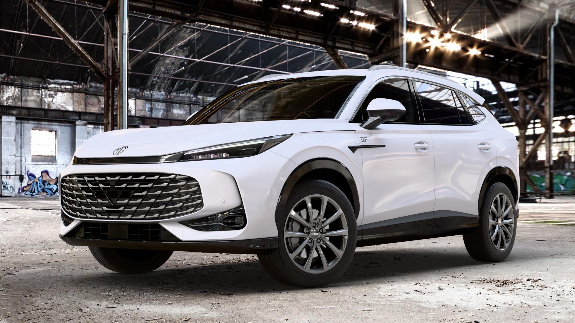 OXXO Liberty Dark gunmetal Felge mit Reifen grau in 18Zoll Winterfelge Alufelge auf weissem MG HS Typ AS3A 1,5l T 125kW (170 PS) PHEV 105kW (143 ⬇️ mit 15mm Tieferlegung ⬇️ Old Industrial Hall_max_4400mm_2024 Frontansicht_1