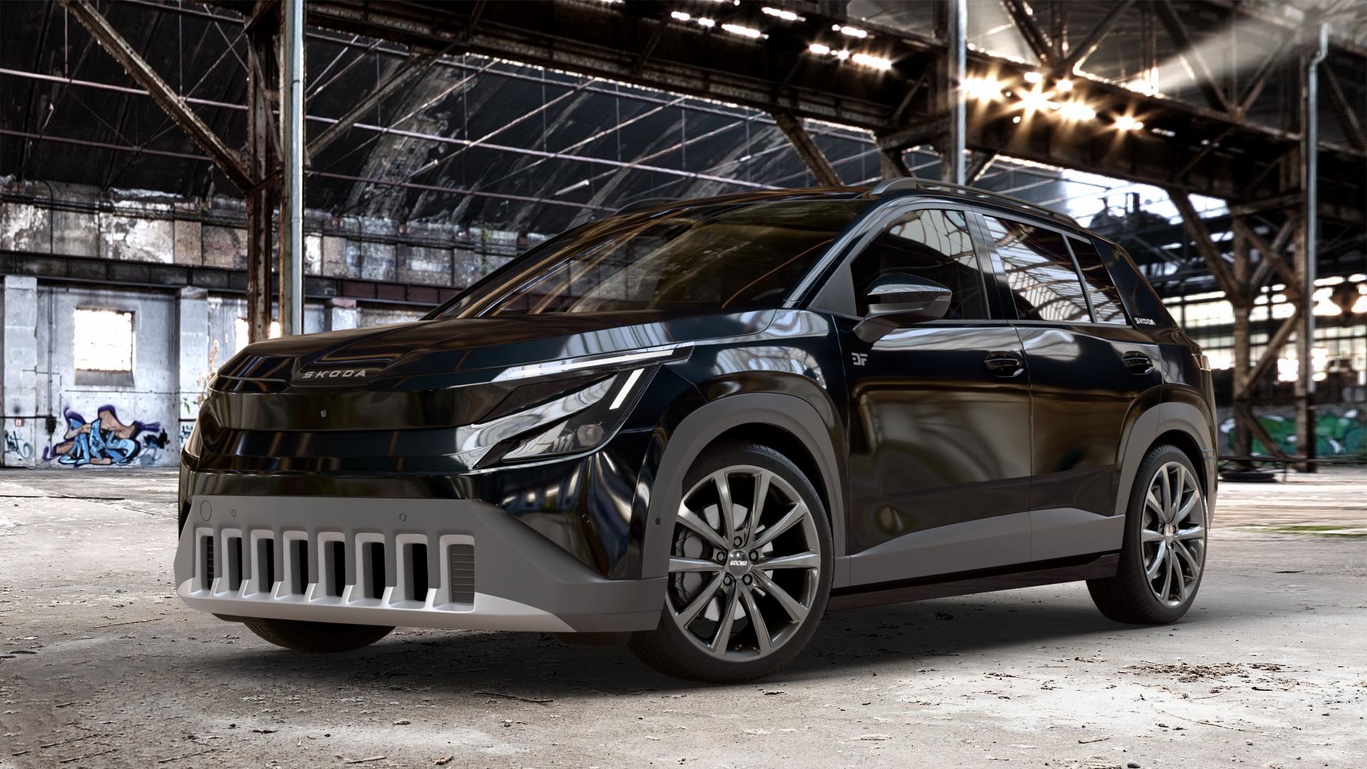OXXO Liberty Dark gunmetal Felge mit Reifen grau in 19Zoll Winterfelge Alufelge auf metallic schwarzem Skoda Epiq Typ PX ⬇️ mit 15mm Tieferlegung ⬇️ Old Industrial Hall_max_4400mm_2024 Frontansicht_1