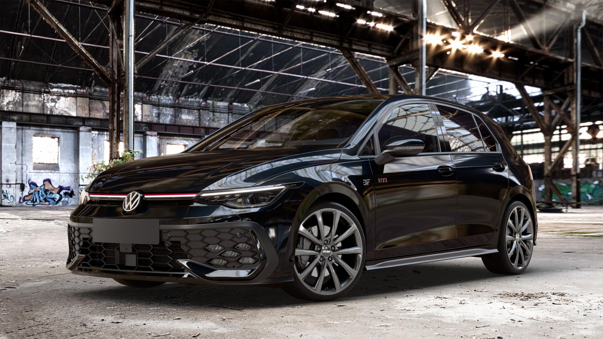 OXXO Liberty Dark gunmetal Felge mit Reifen grau in 19Zoll Winterfelge Alufelge auf metallic schwarzem Volkswagen (VW) Golf 8 Facelift 2,0l GTI 195kW (265 PS) ⬇️ mit 15mm Tieferlegung ⬇️ Old Industrial Hall_max_4400mm_2024 Frontansicht_1