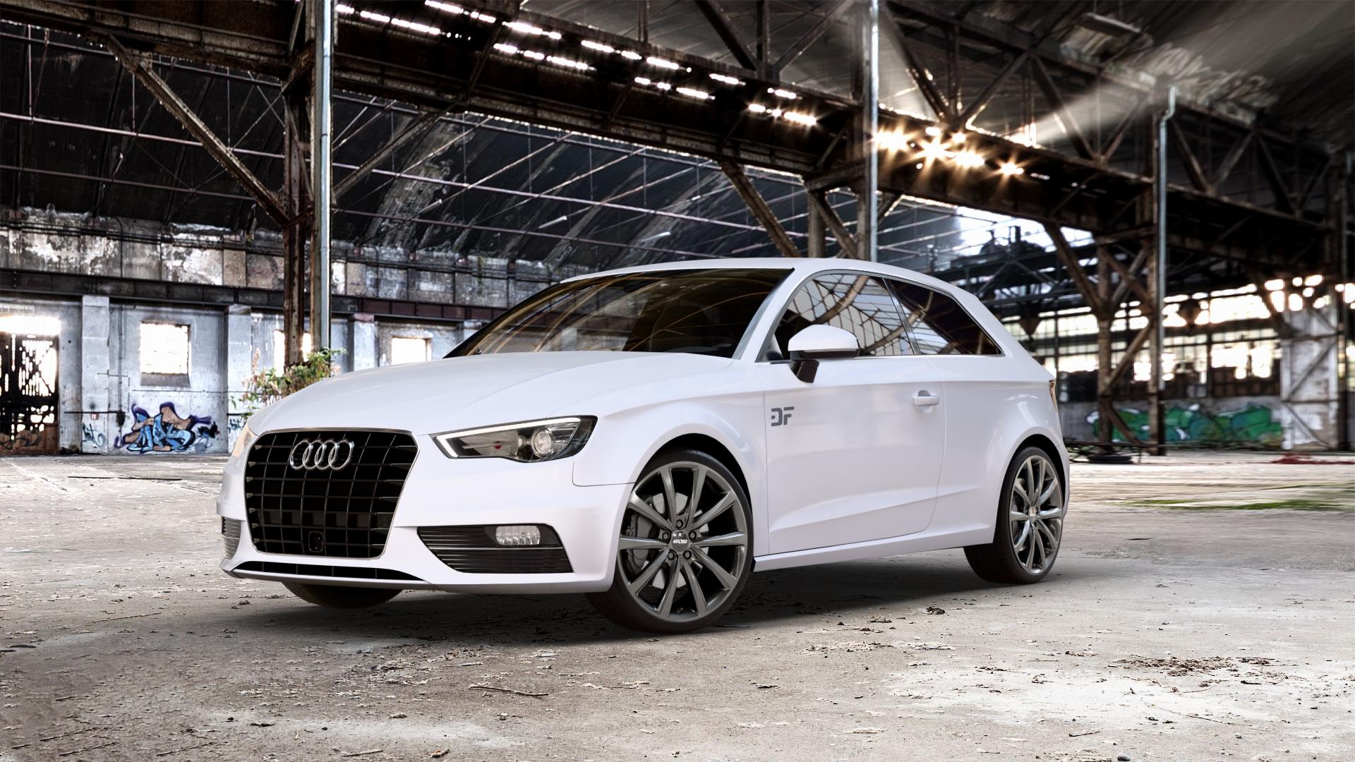 OXXO Liberty Dark gunmetal Felge mit Reifen grau in 19Zoll Winterfelge Alufelge auf weissem Audi A3 Typ 8V ⬇️ mit 15mm Tieferlegung ⬇️ Old Industrial Hall_max_5300mm_2024 Frontansicht_1
